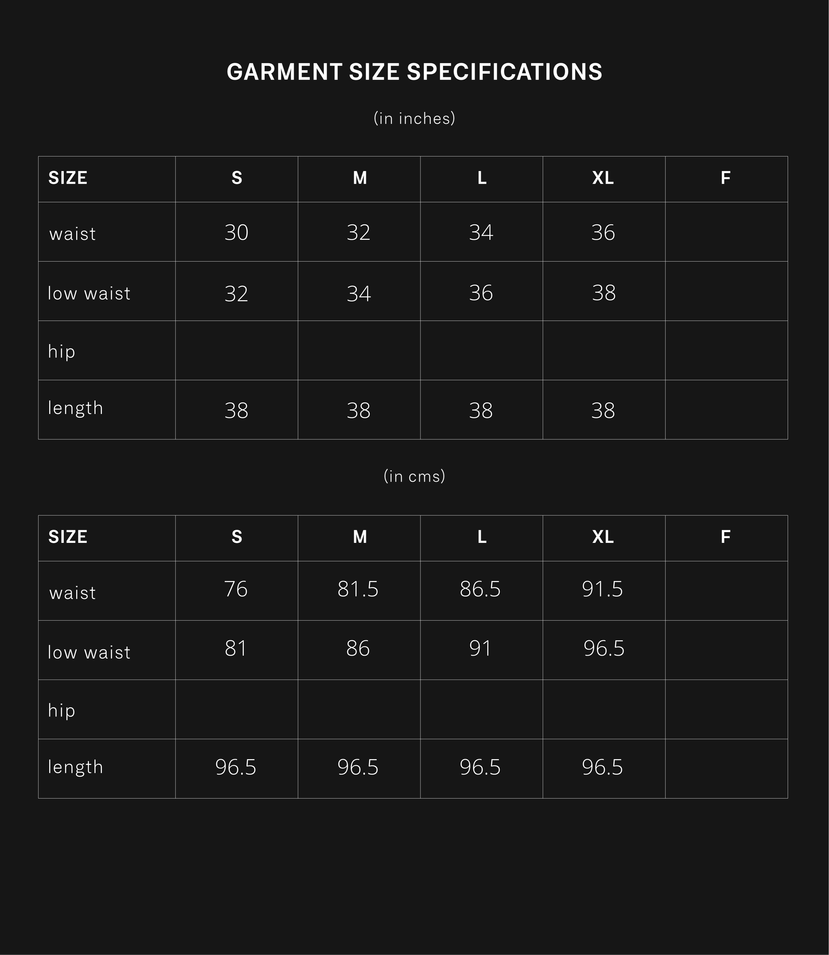 product size chart