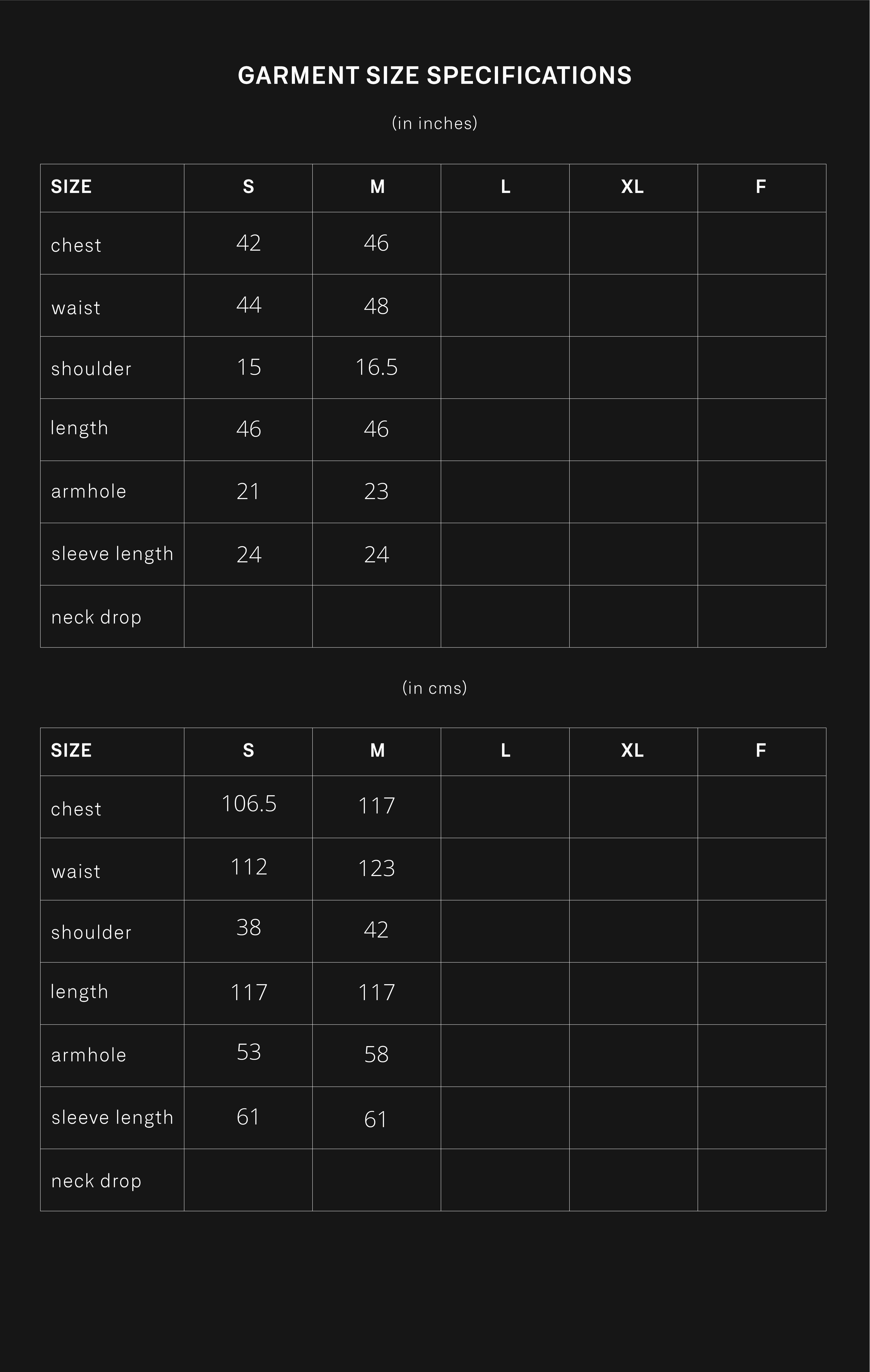 product size chart