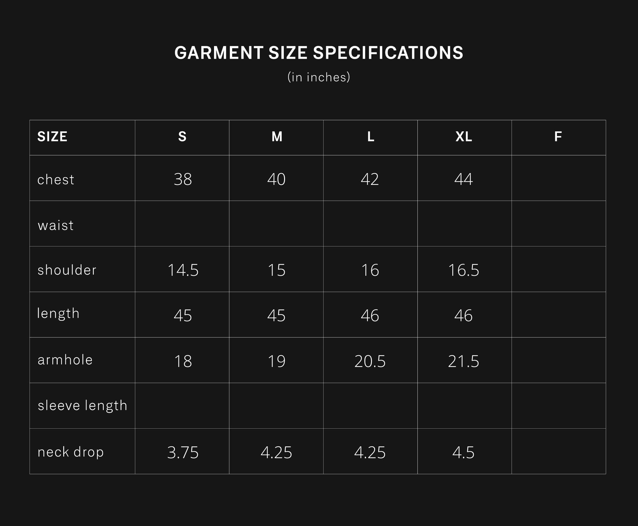 product size chart