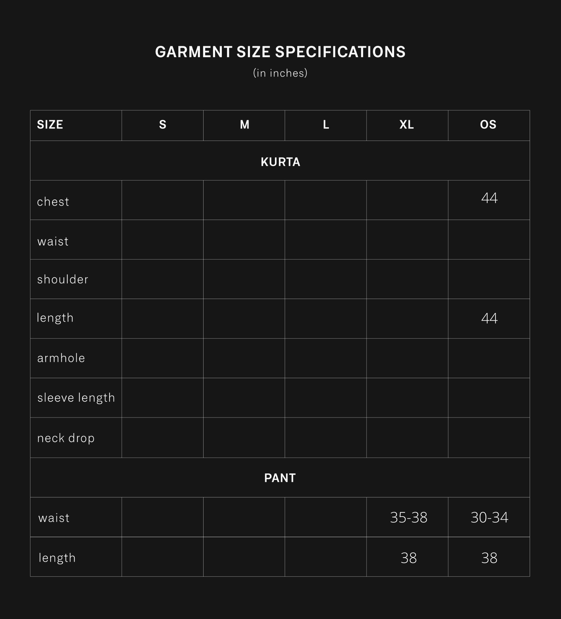 product size chart