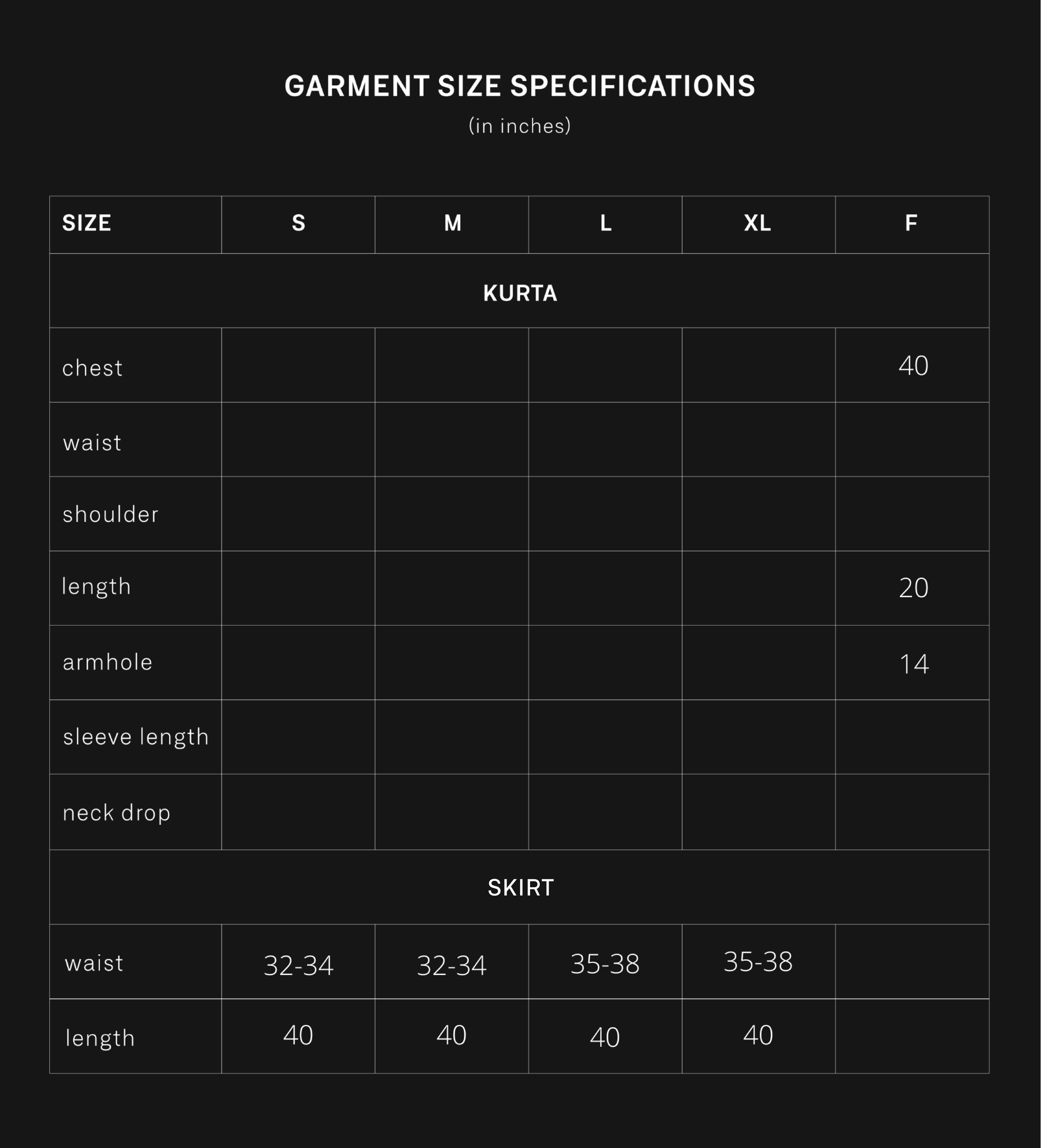 product size chart