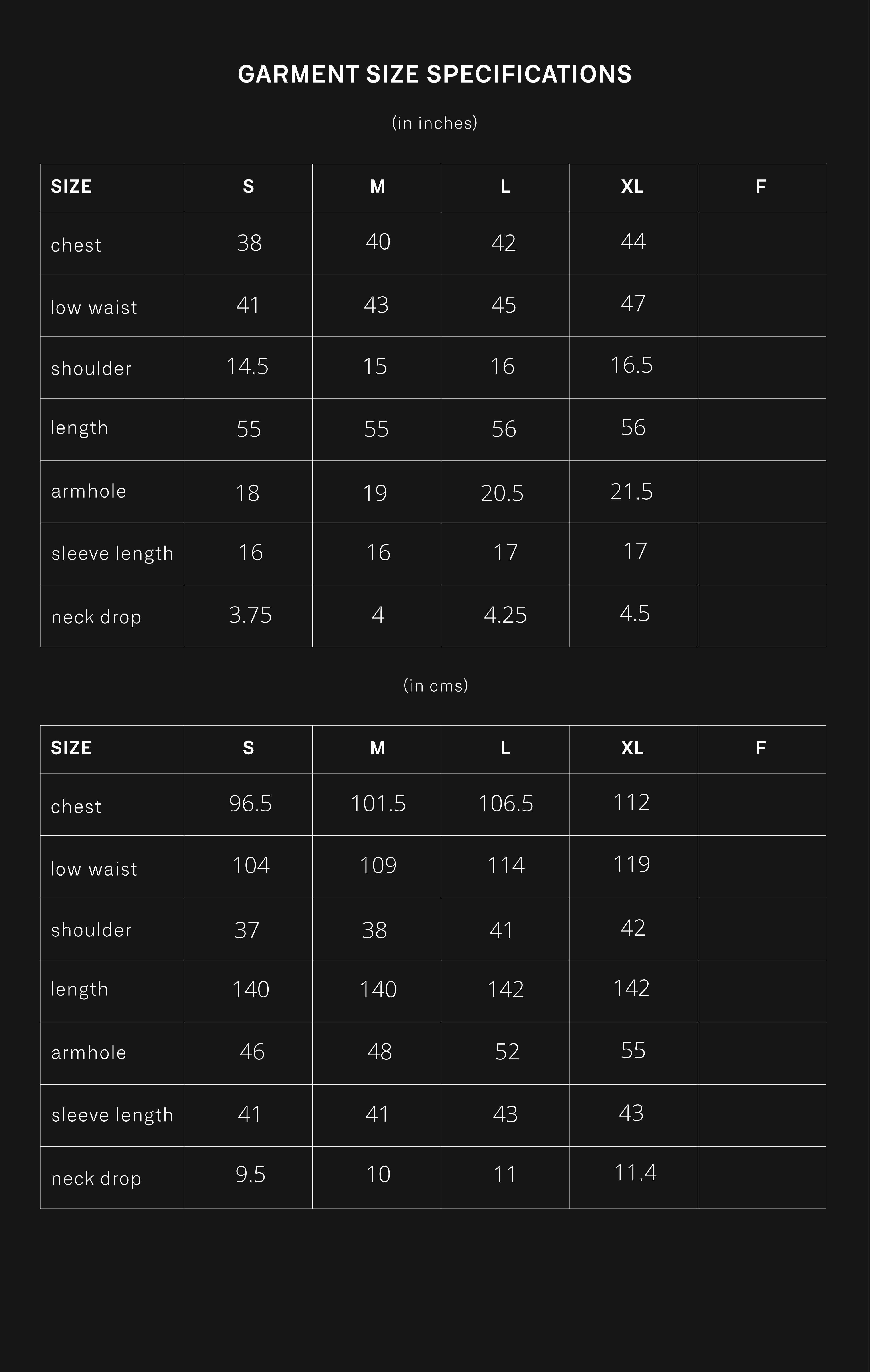 product size chart
