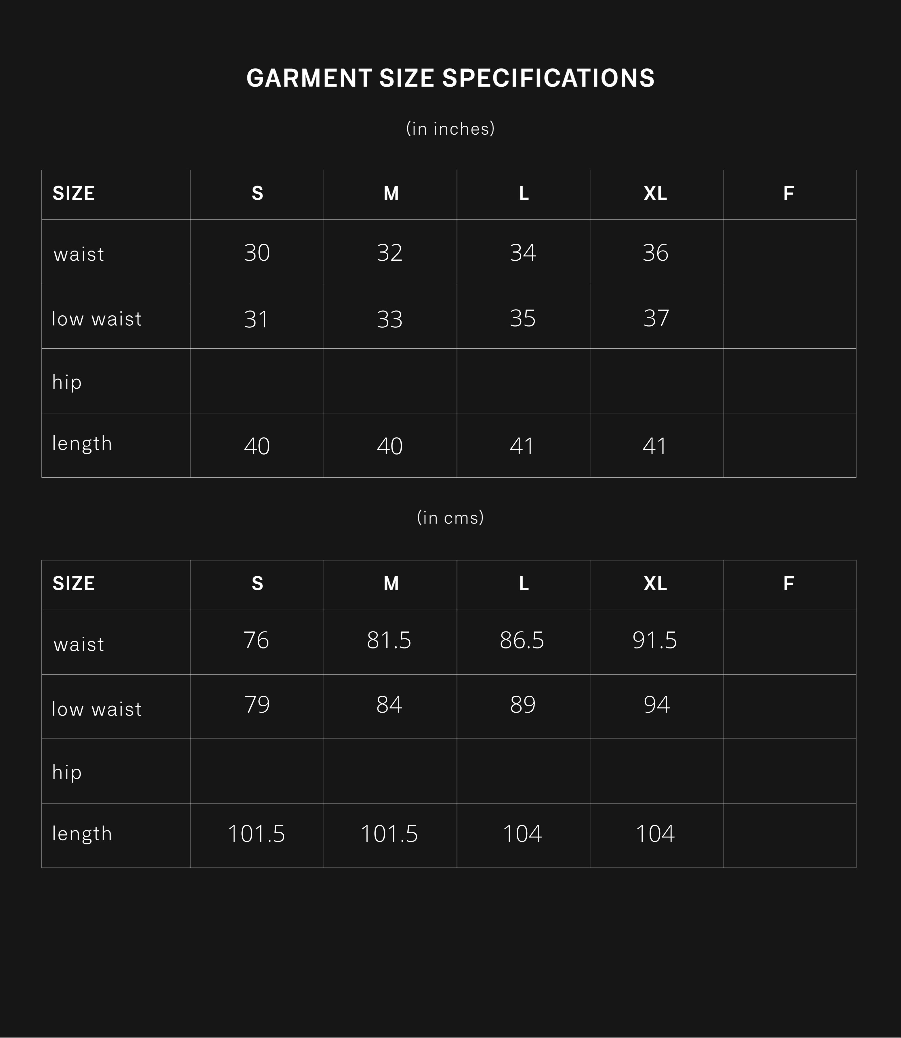 product size chart