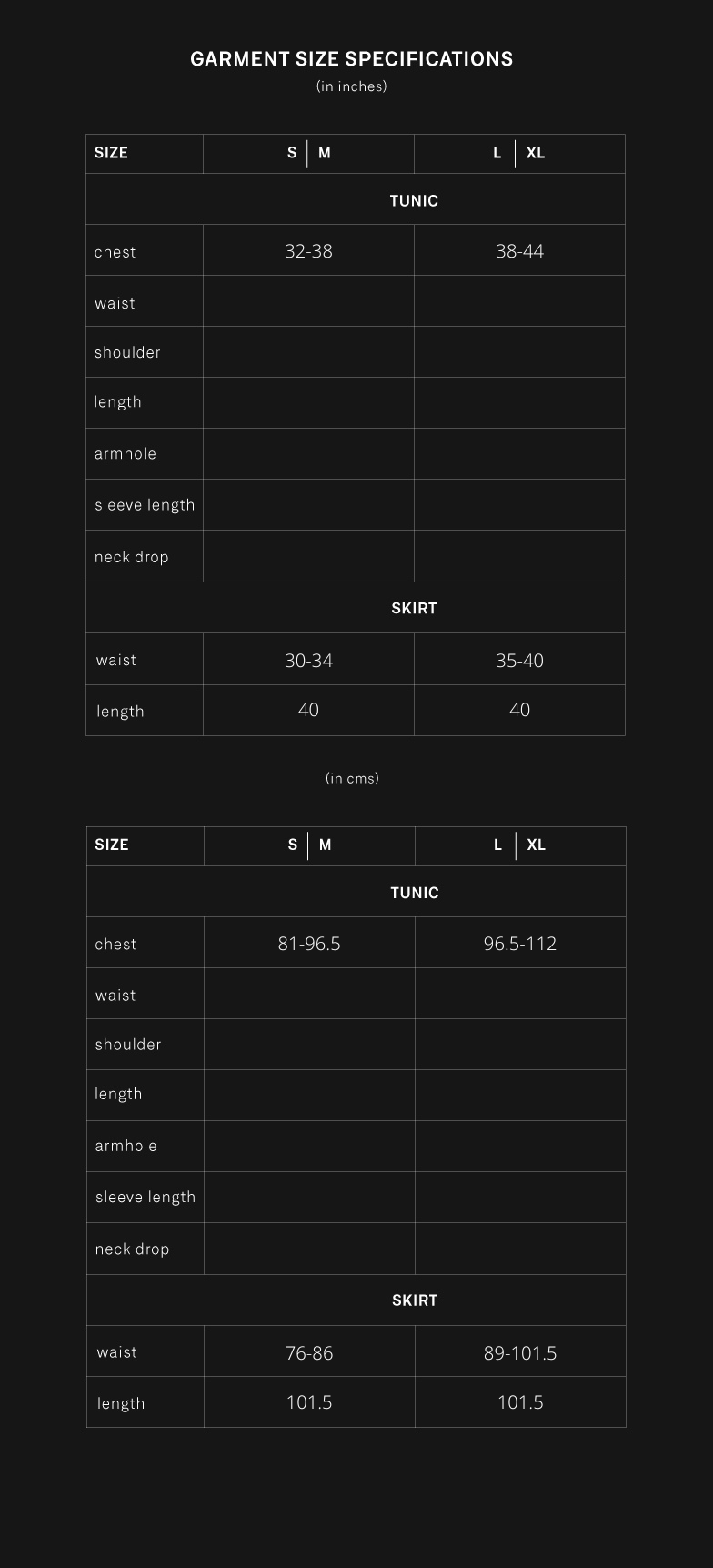 product size chart