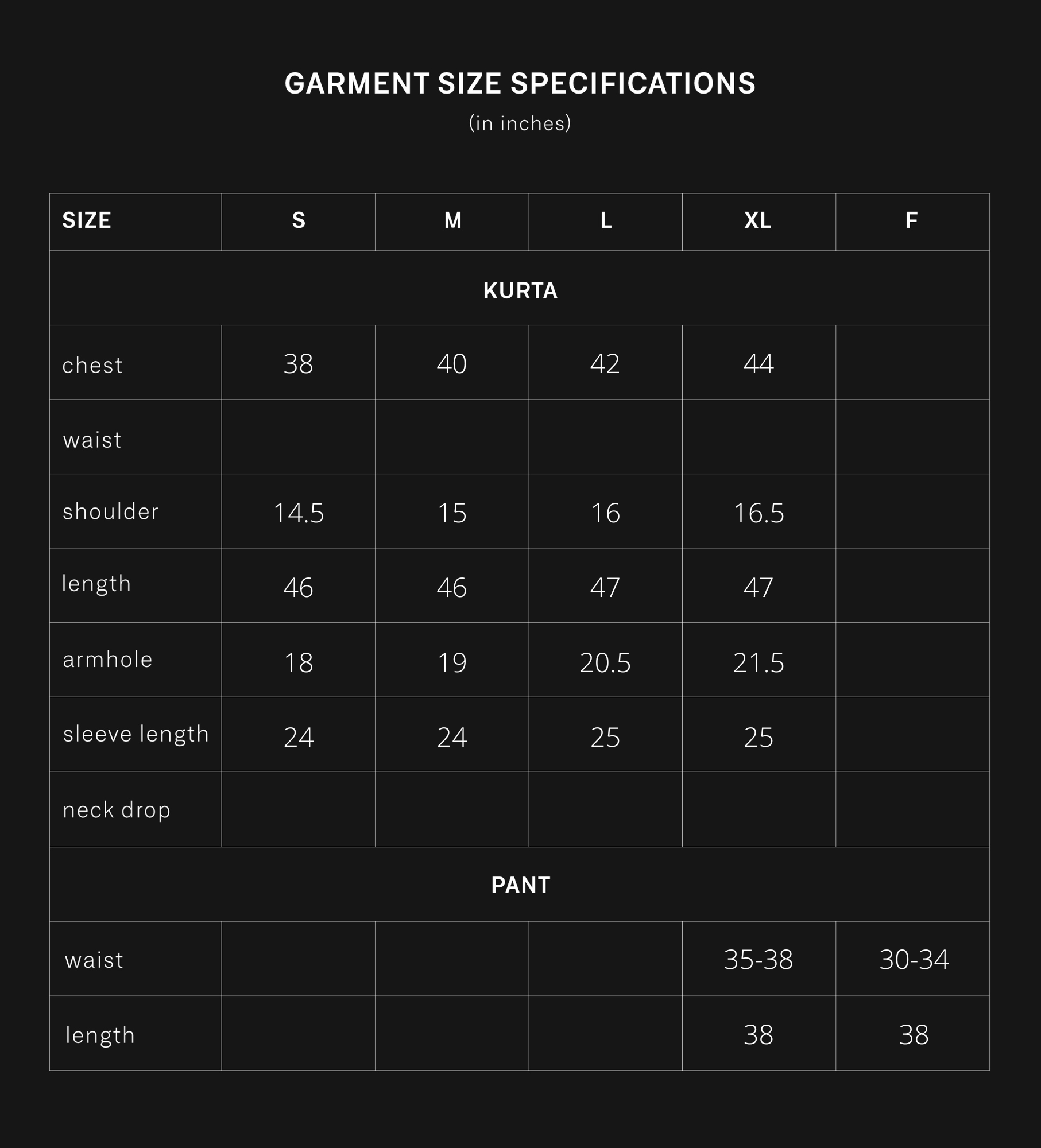 product size chart