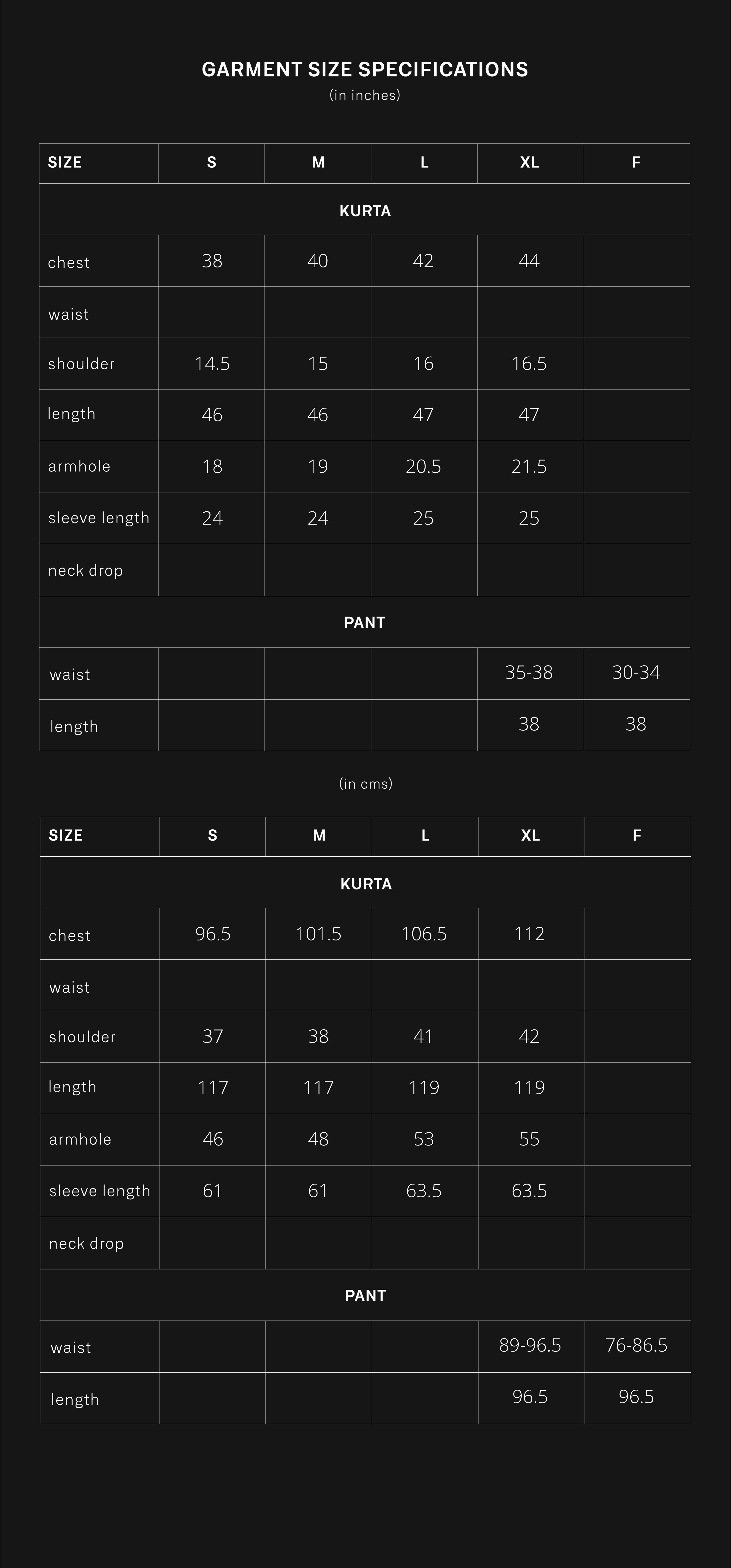 product size chart