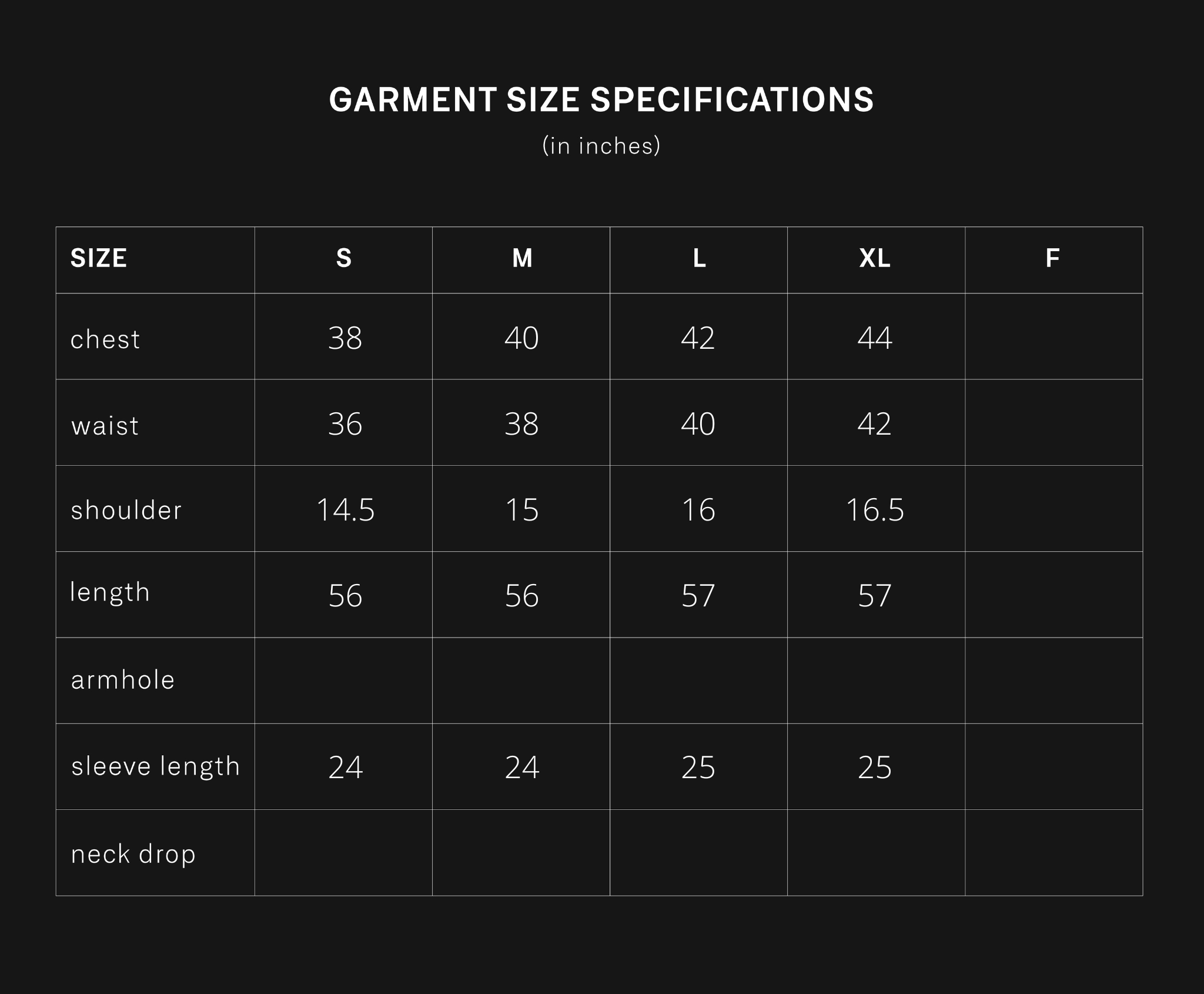 product size chart