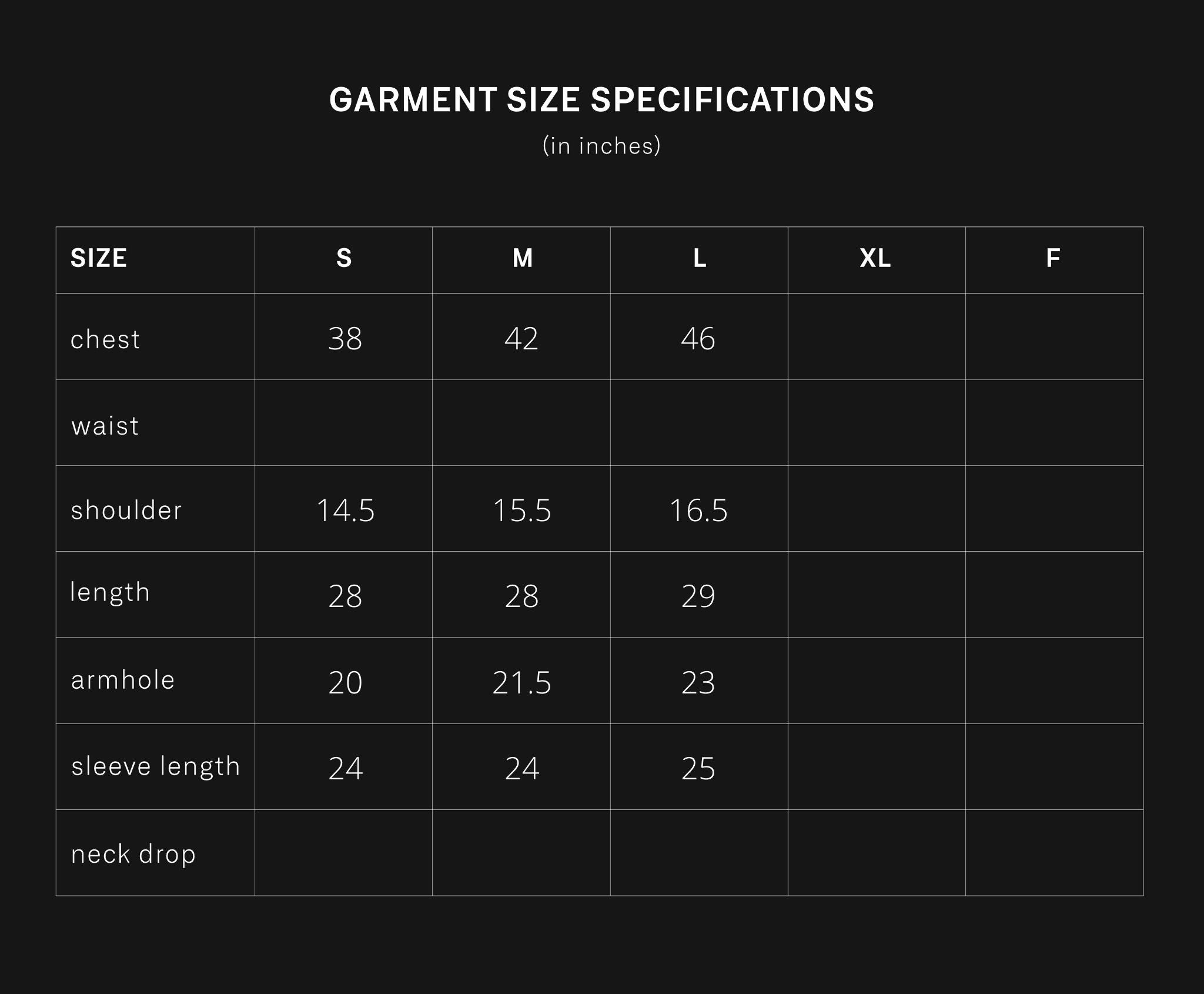 product size chart