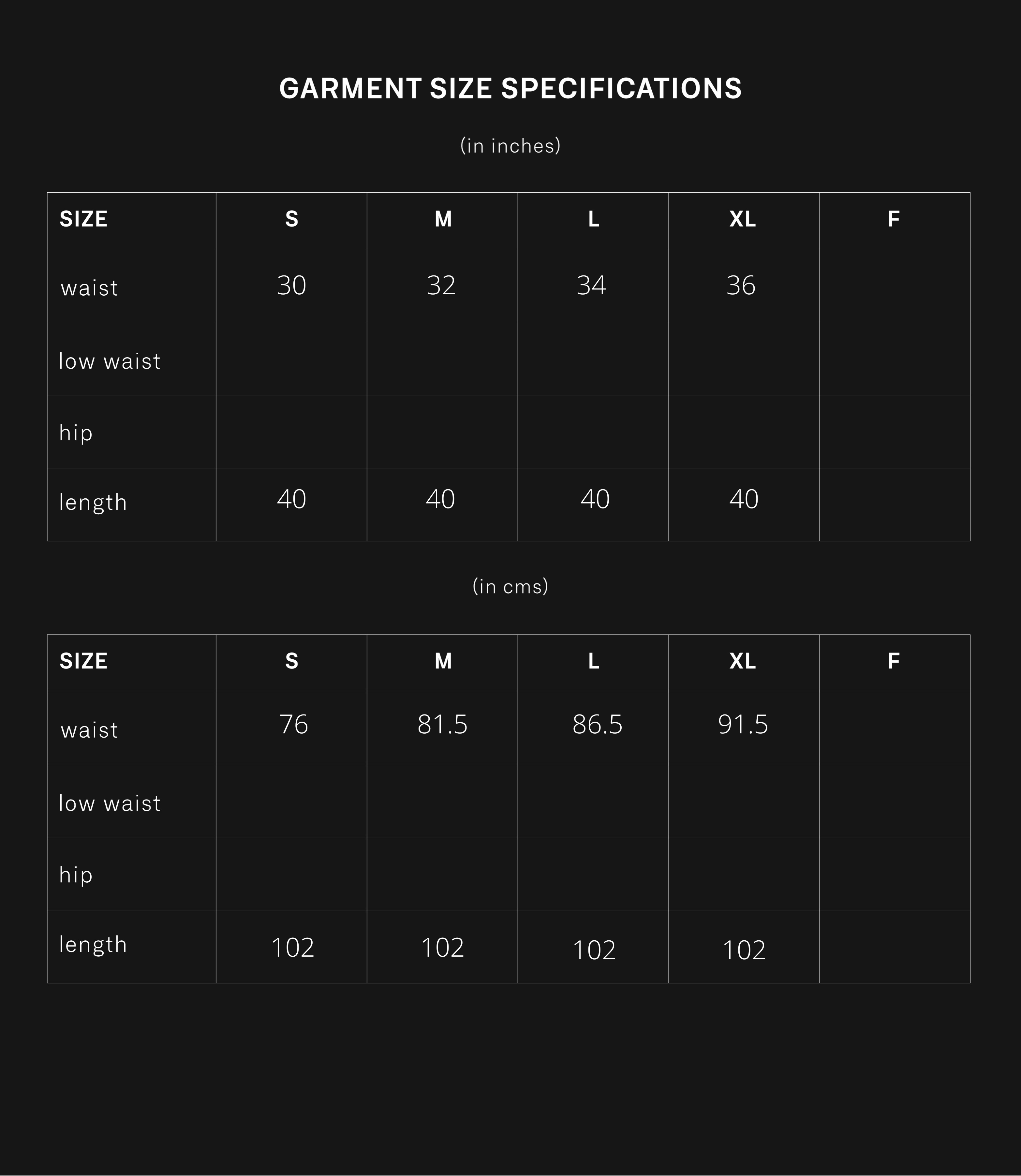 product size chart