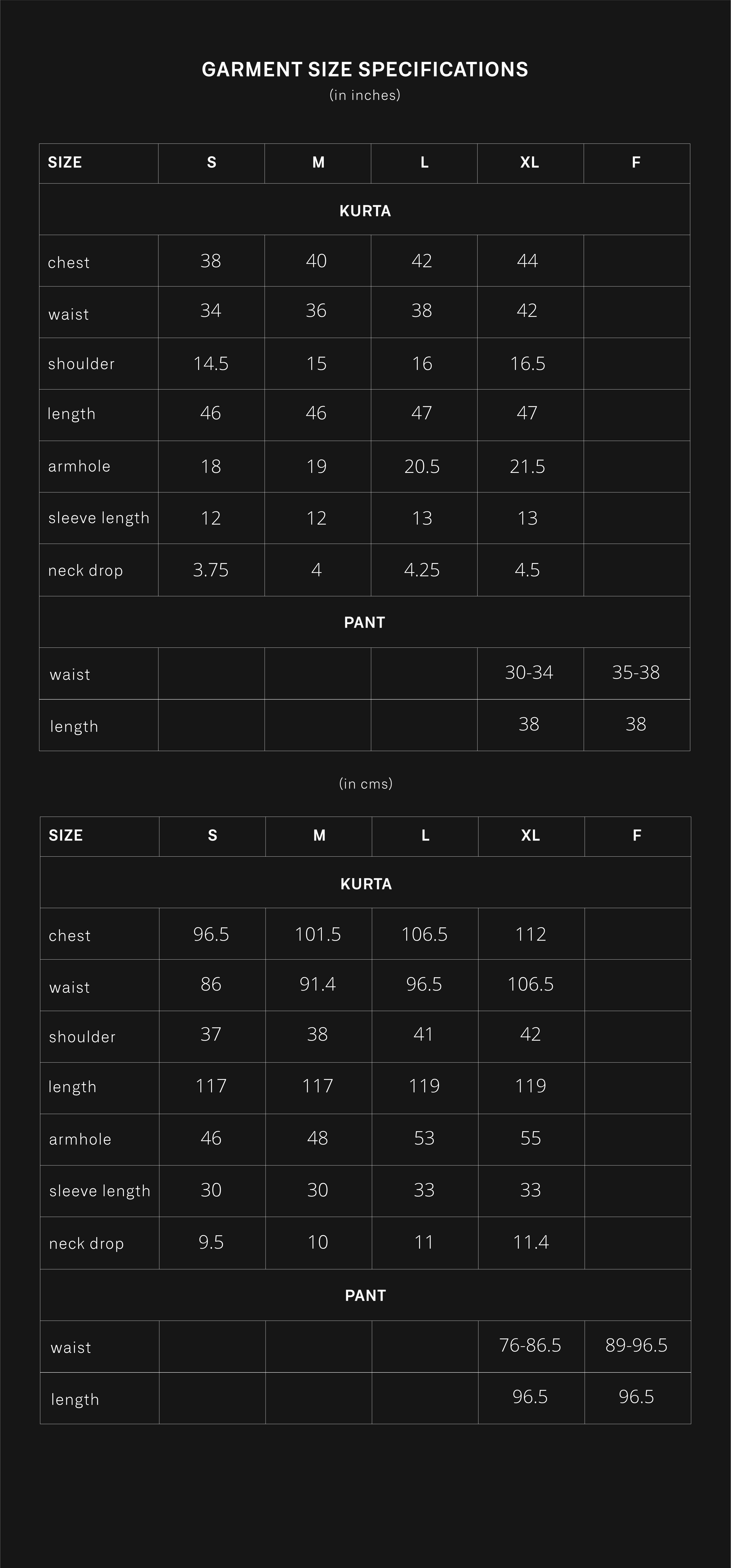 product size chart