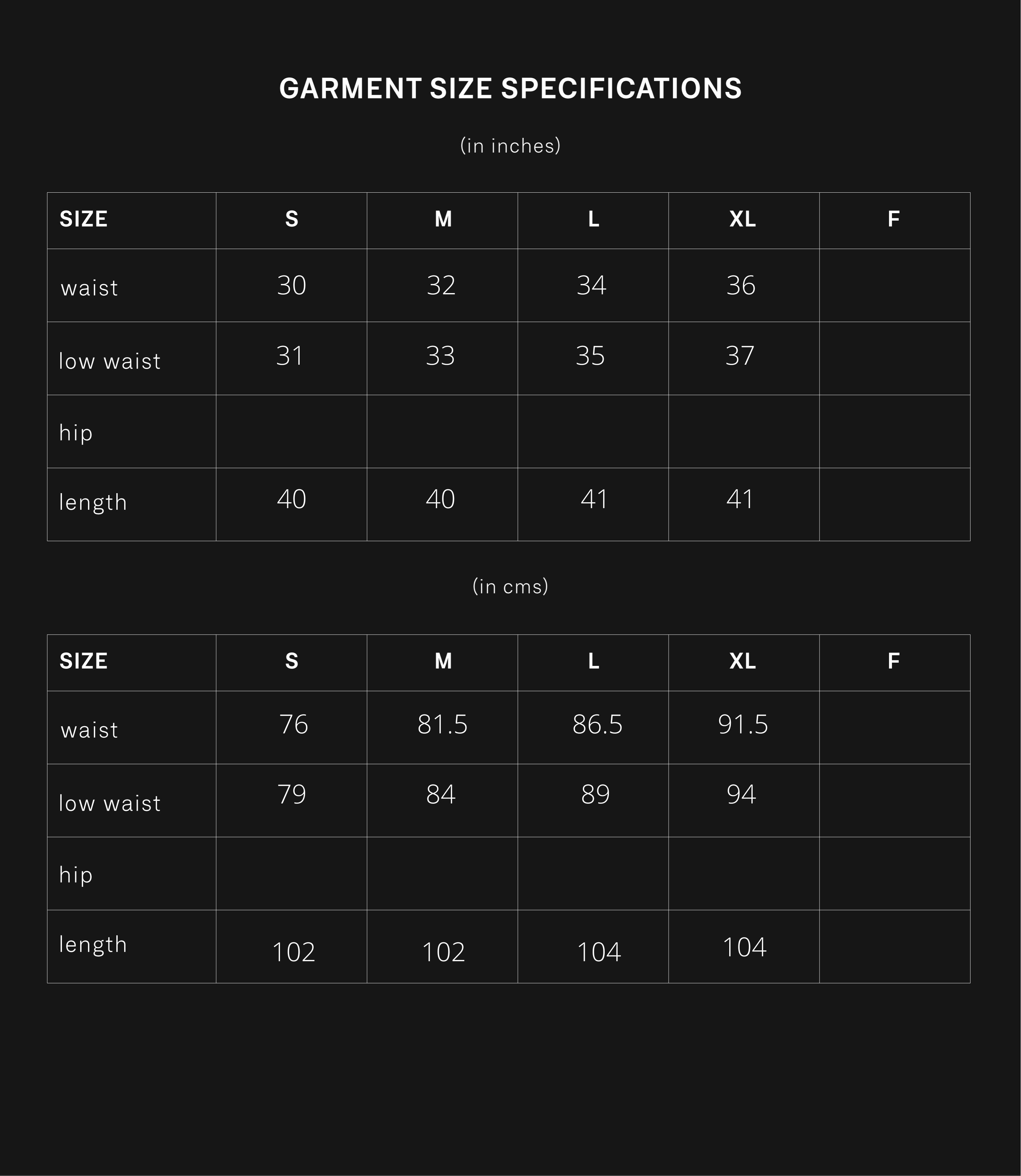 product size chart