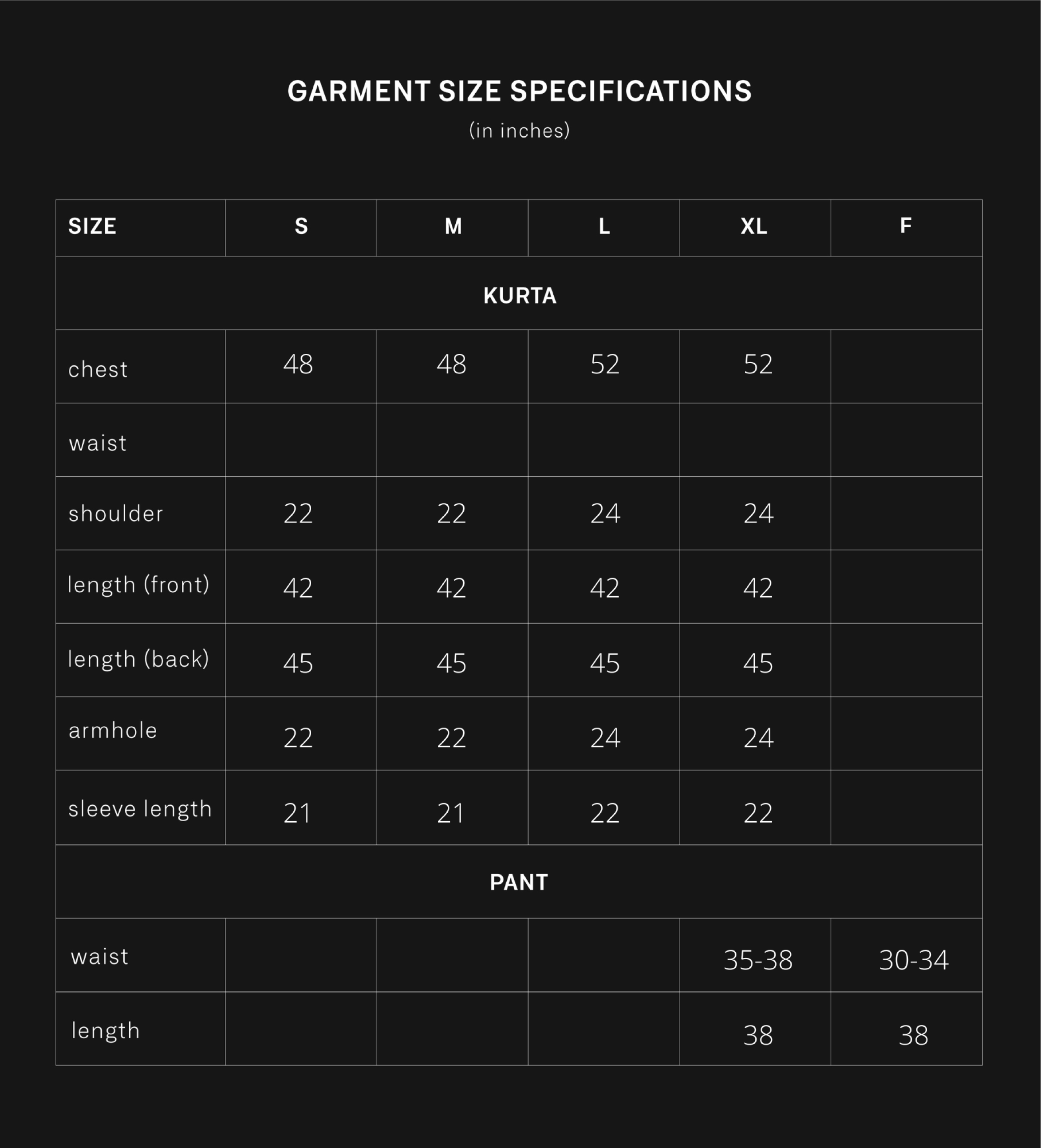 product size chart