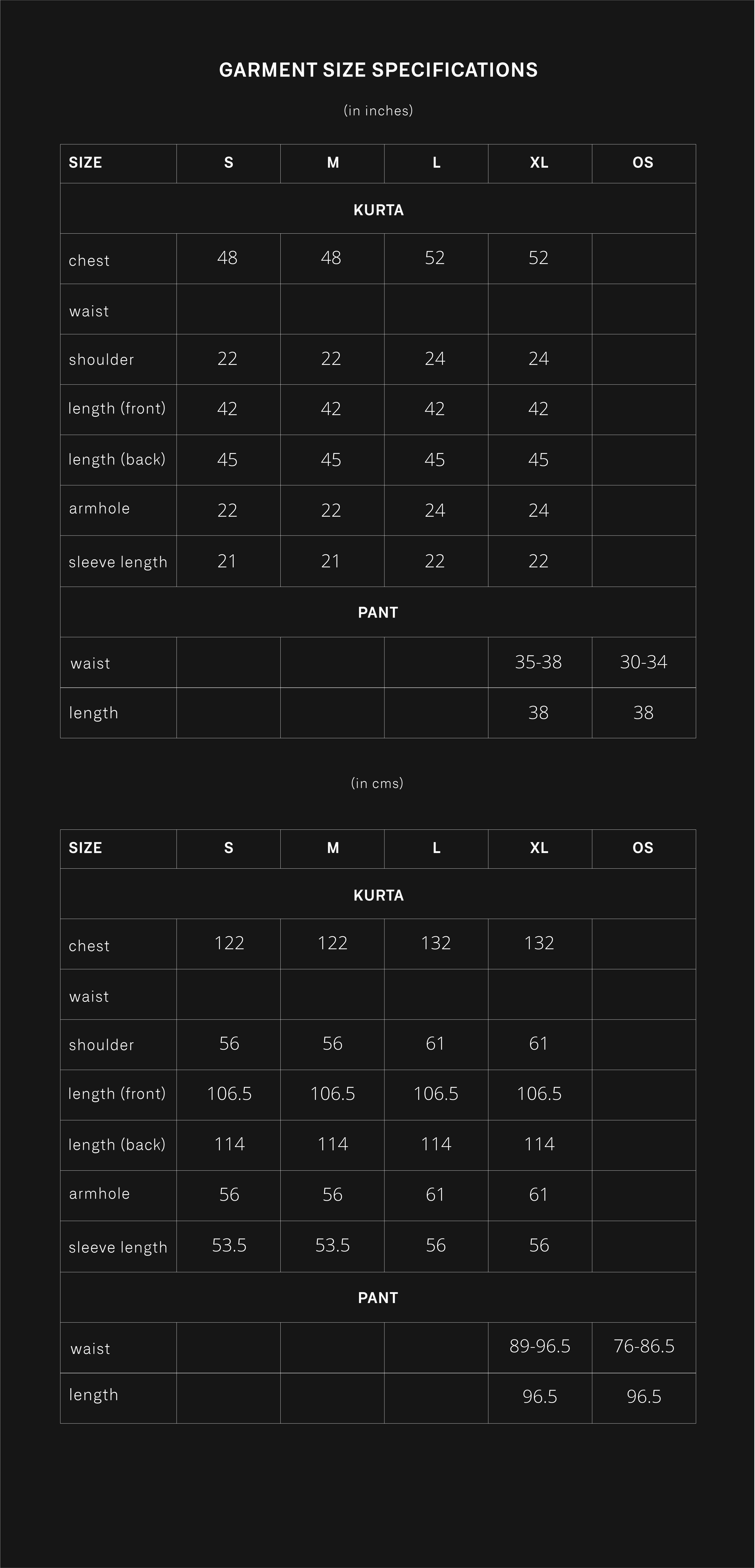 product size chart