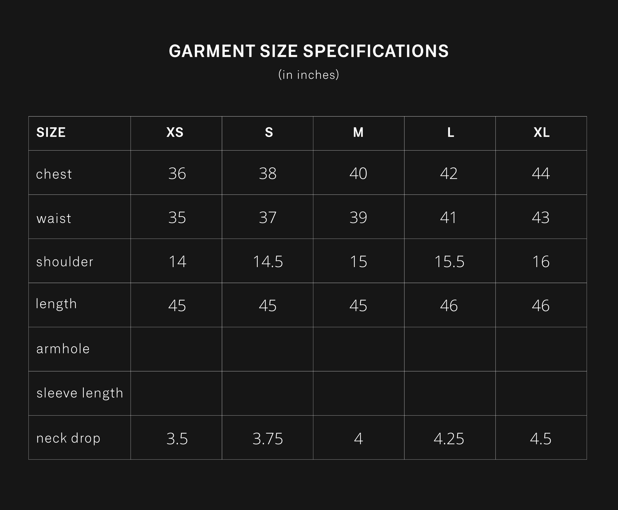 product size chart