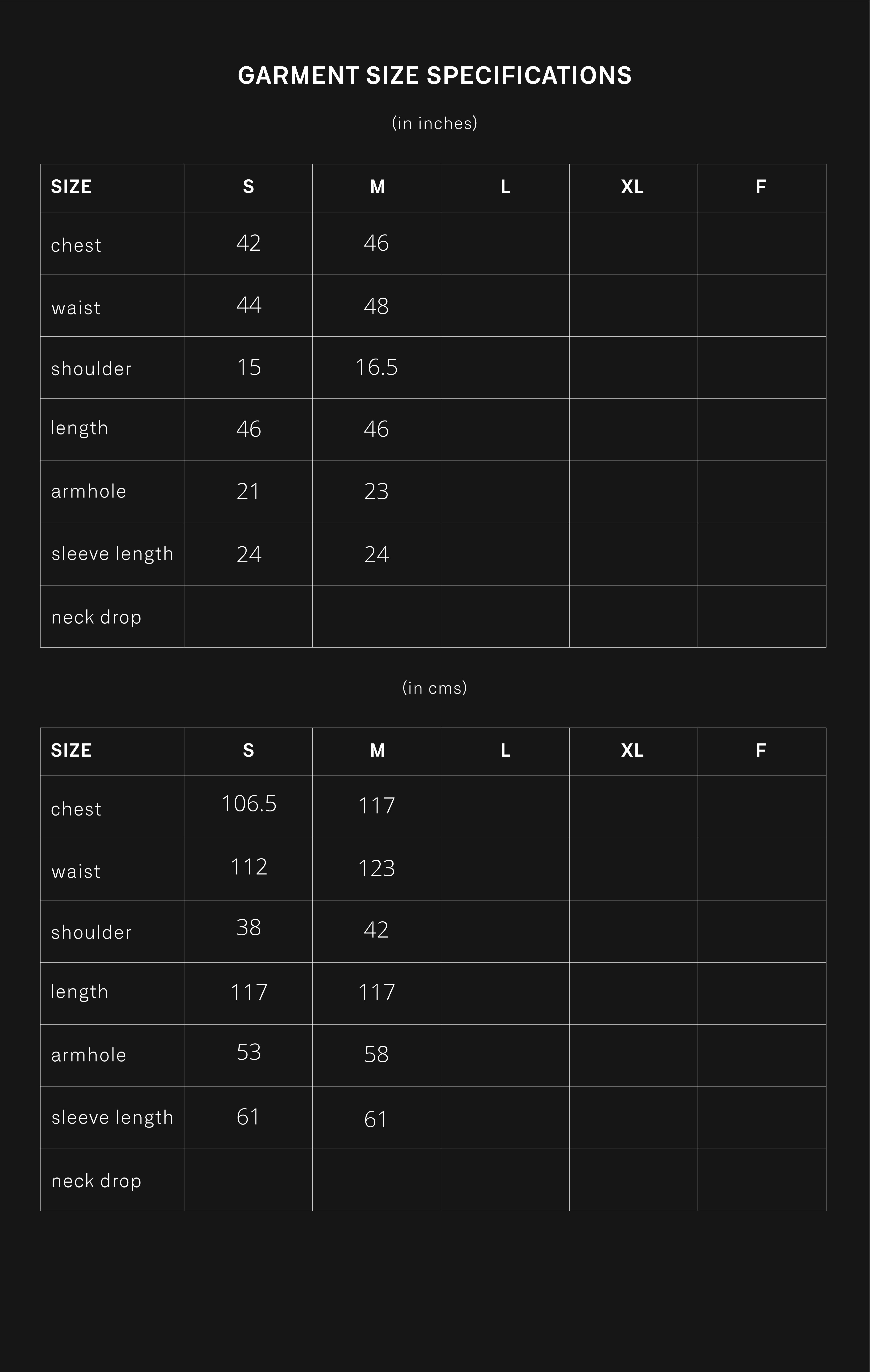 product size chart