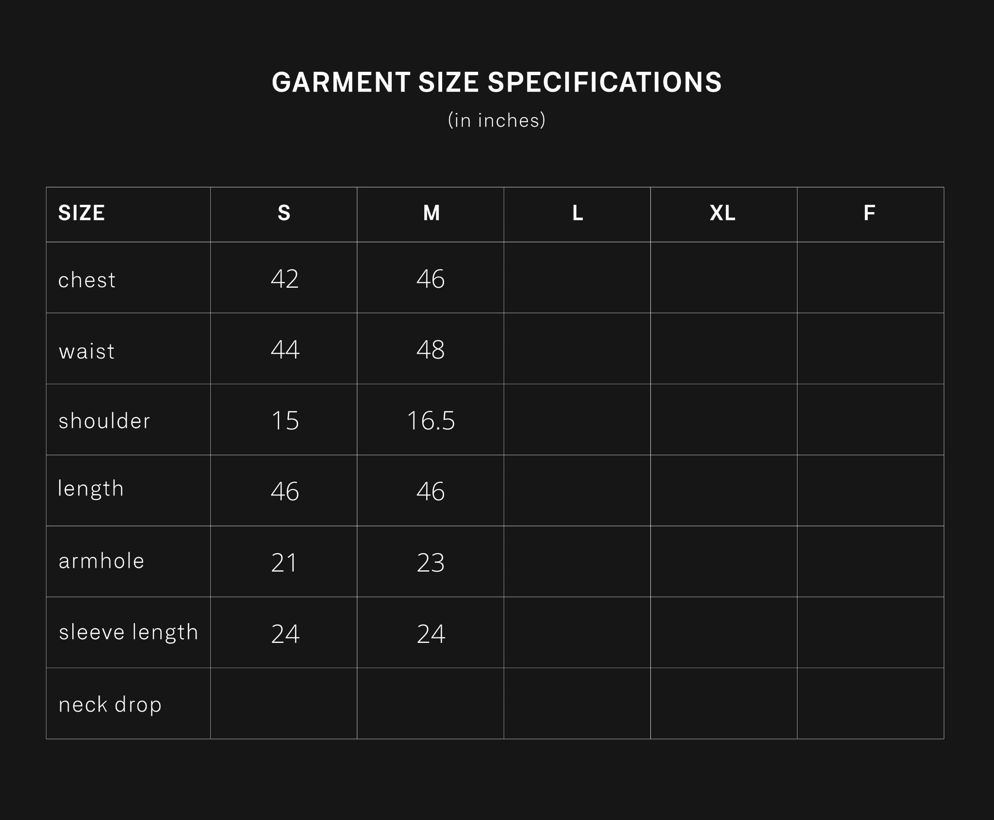 product size chart