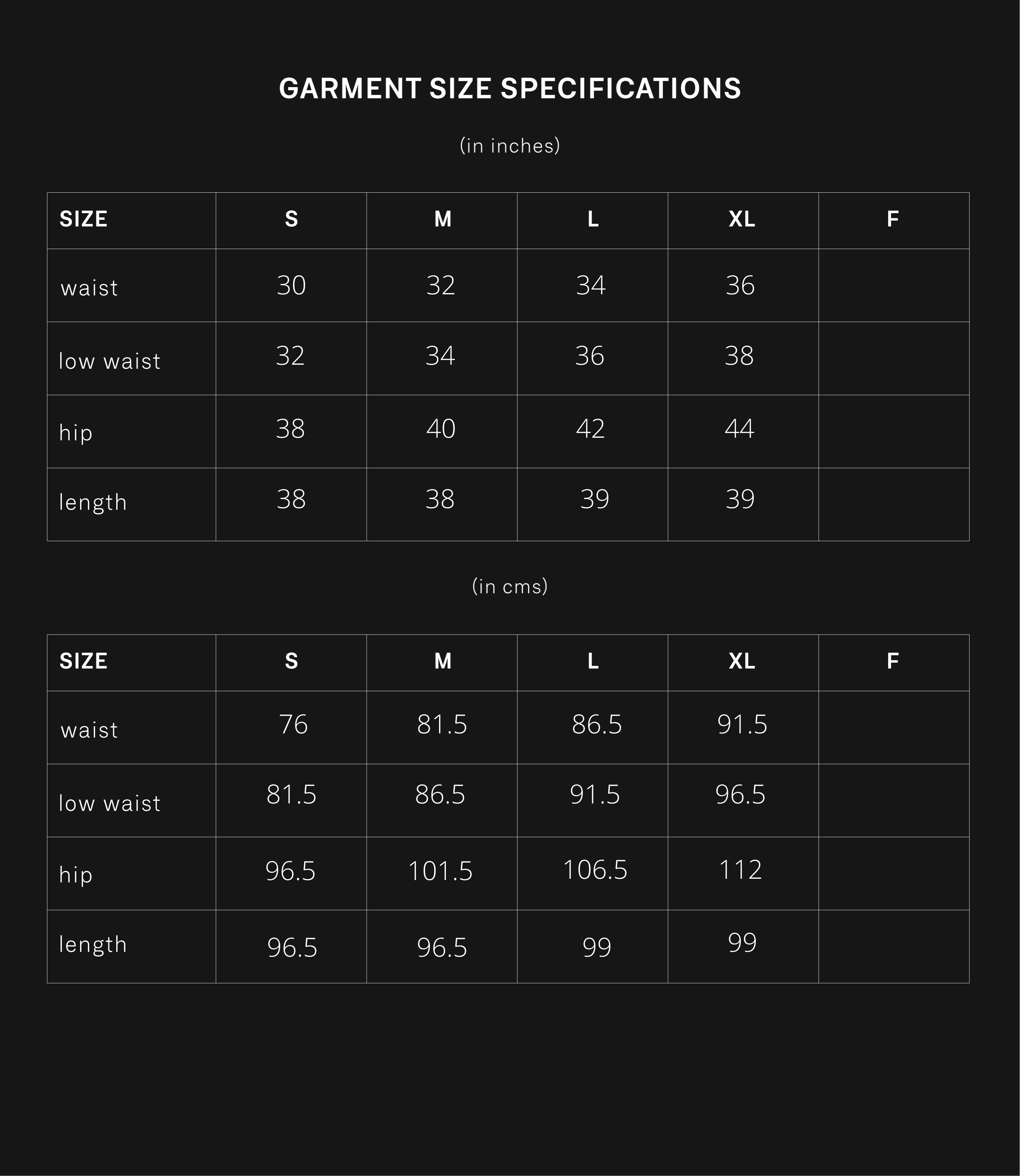 product size chart