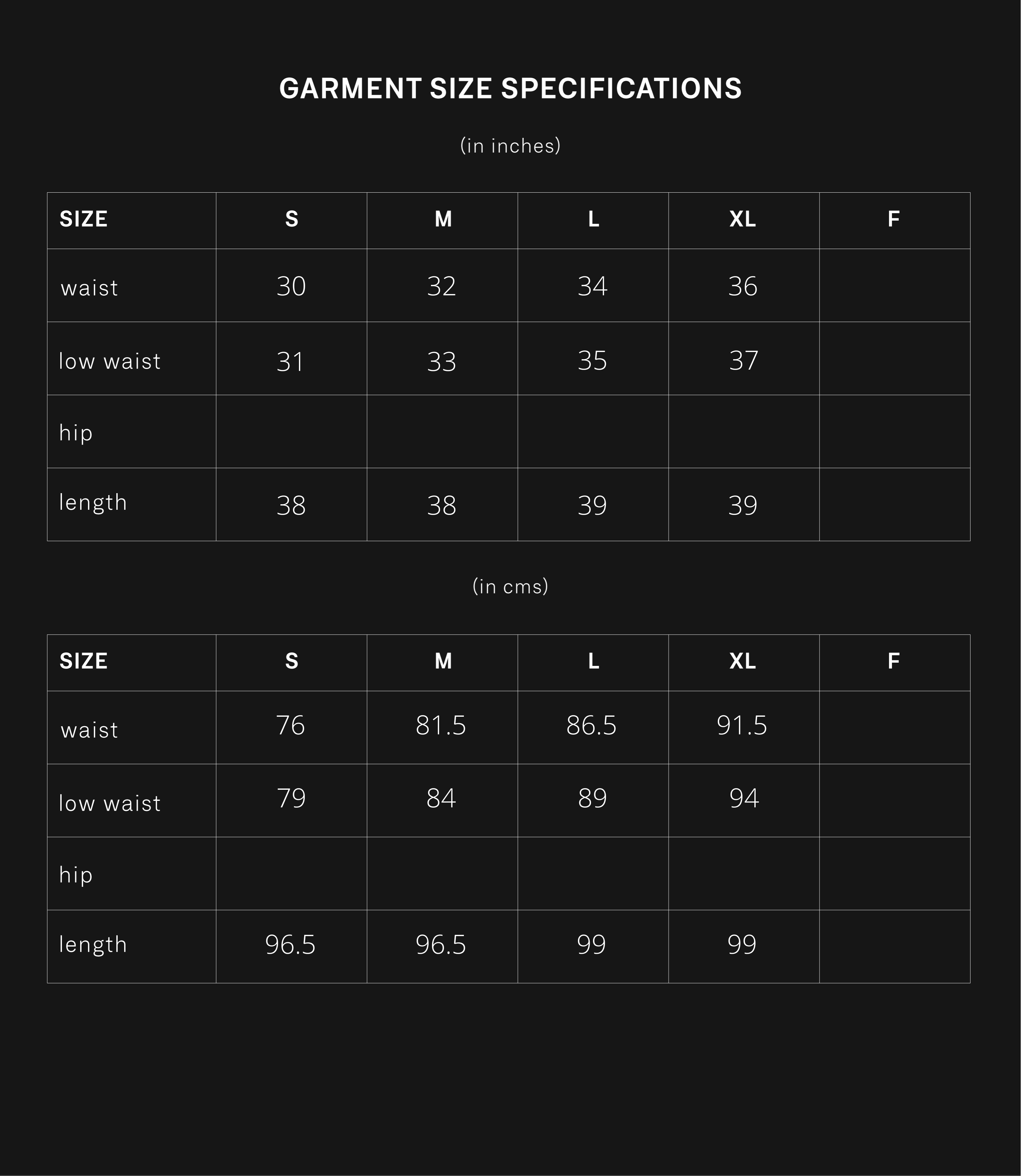 product size chart