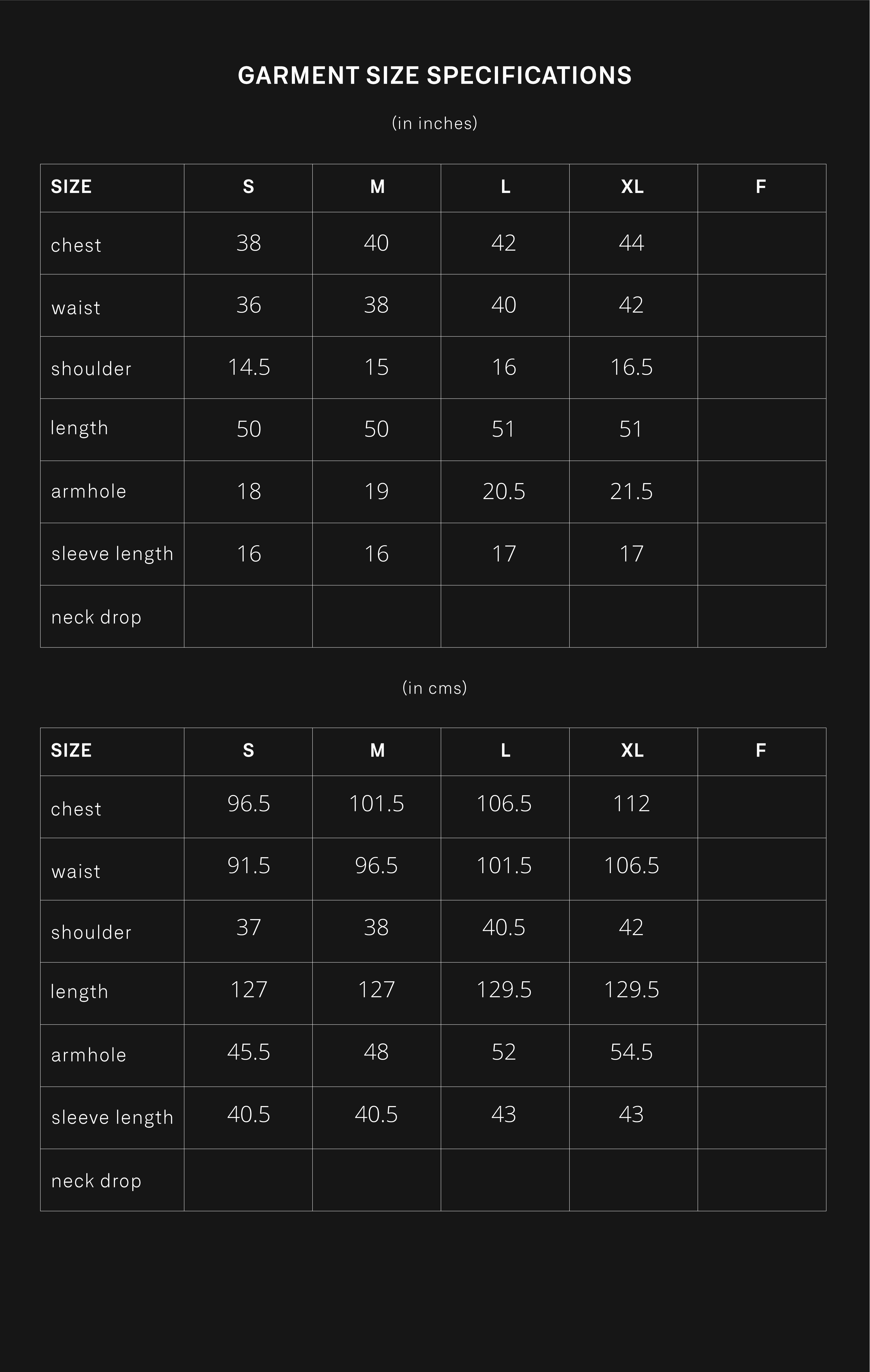 product size chart