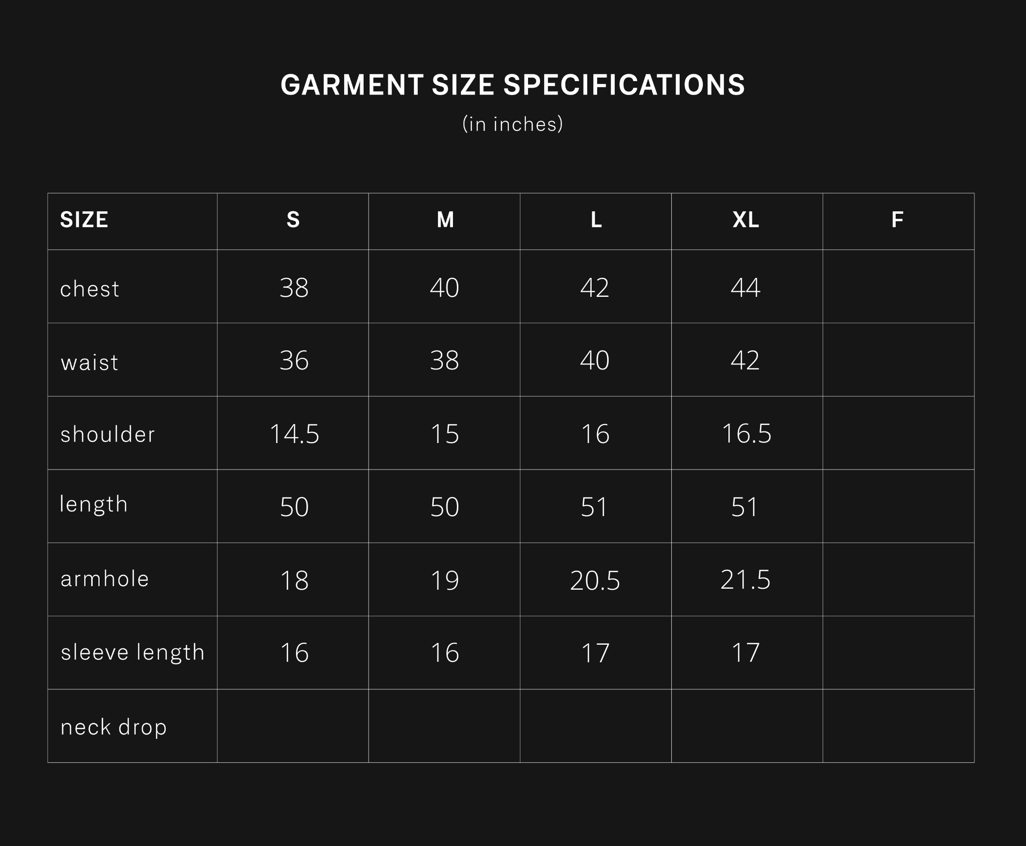 product size chart