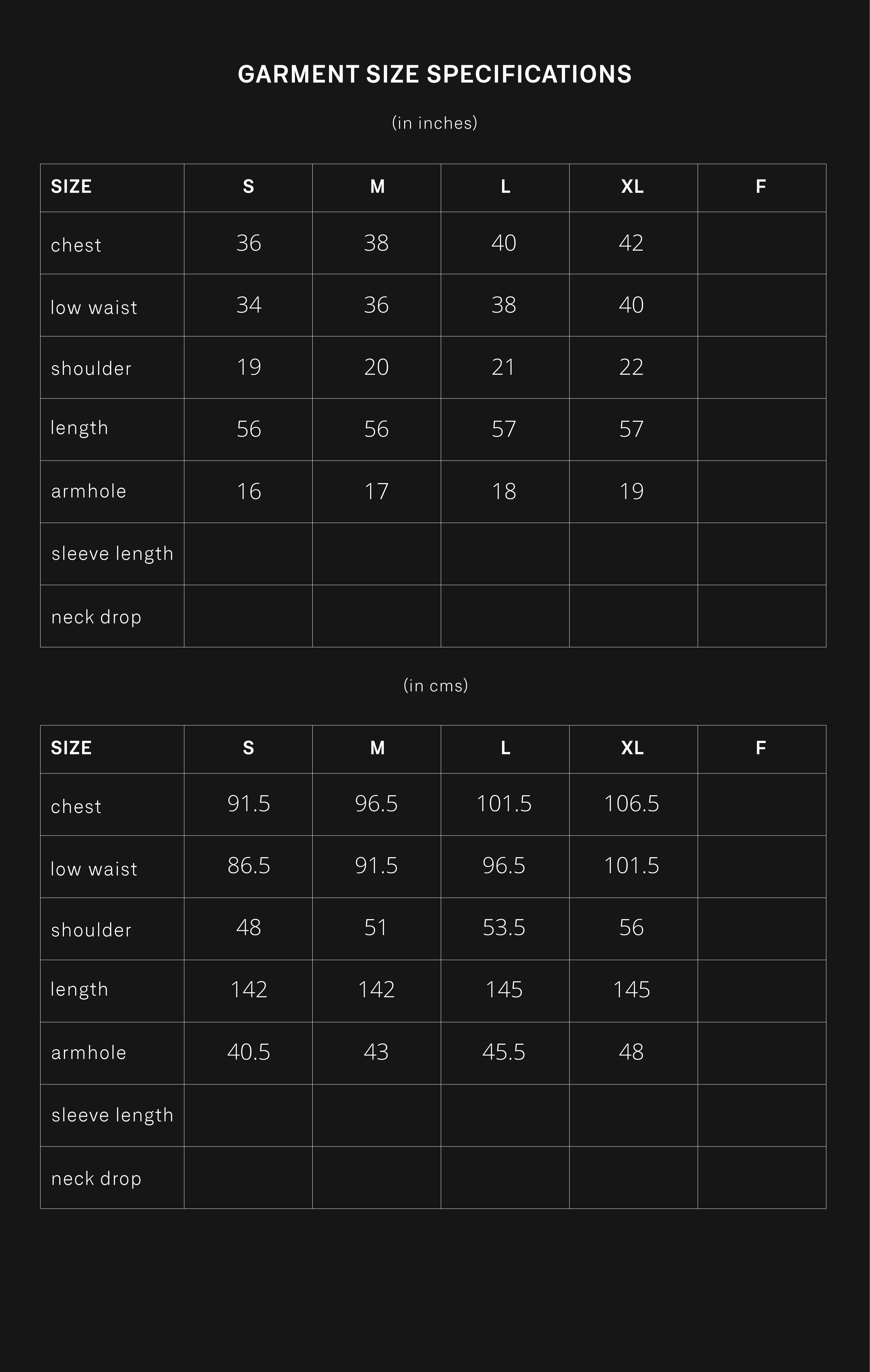 product size chart