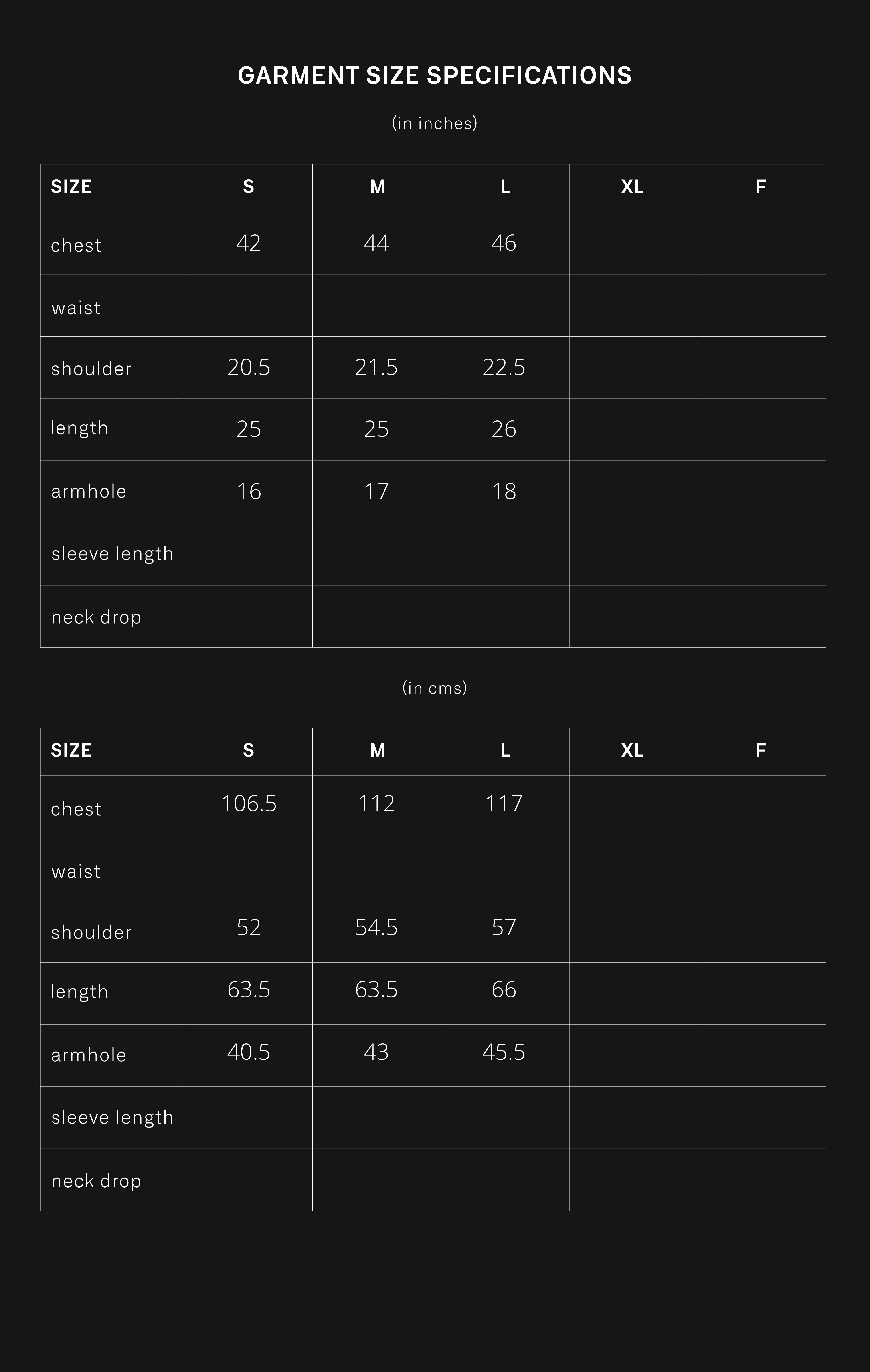 product size chart