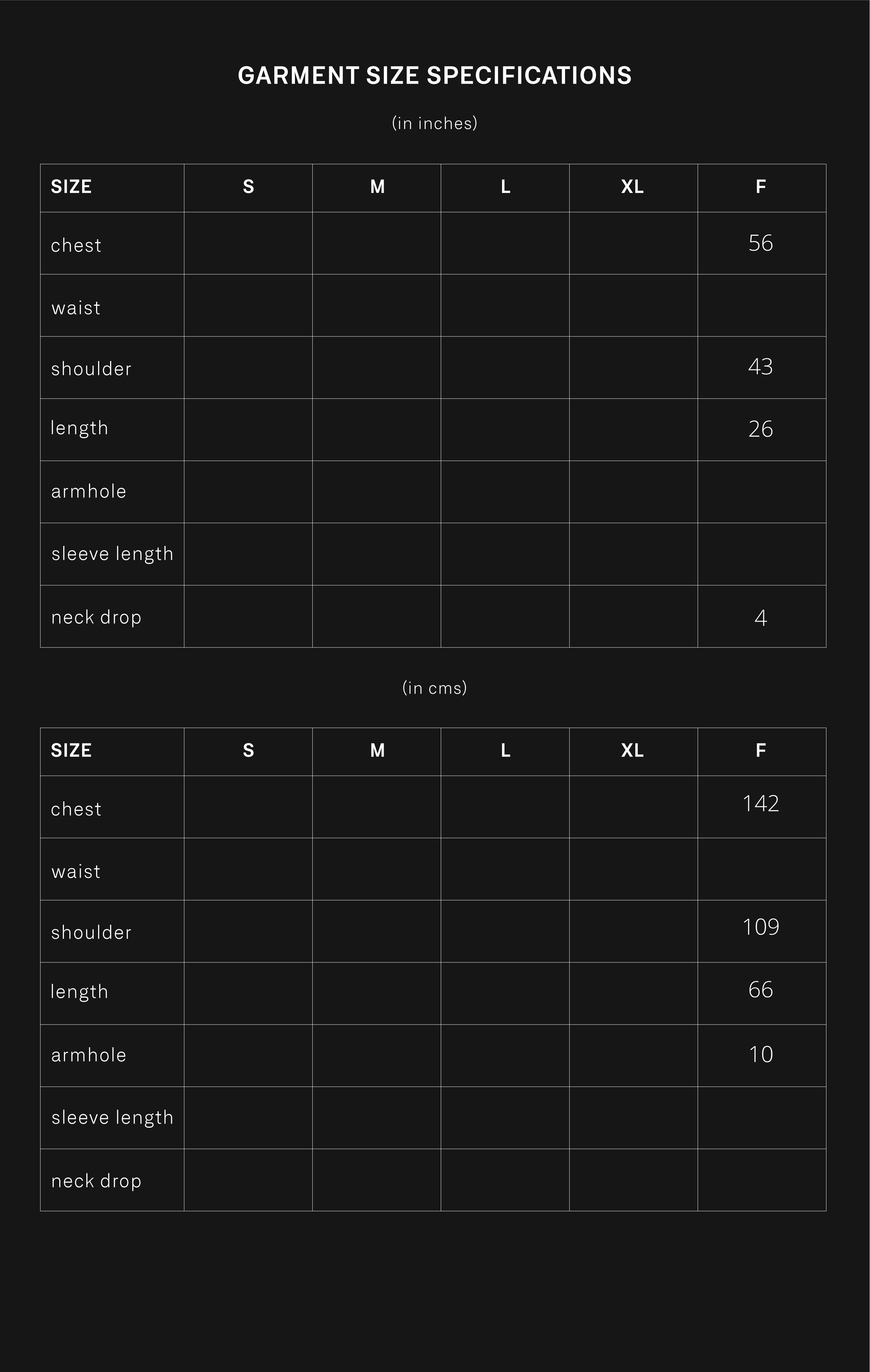 product size chart