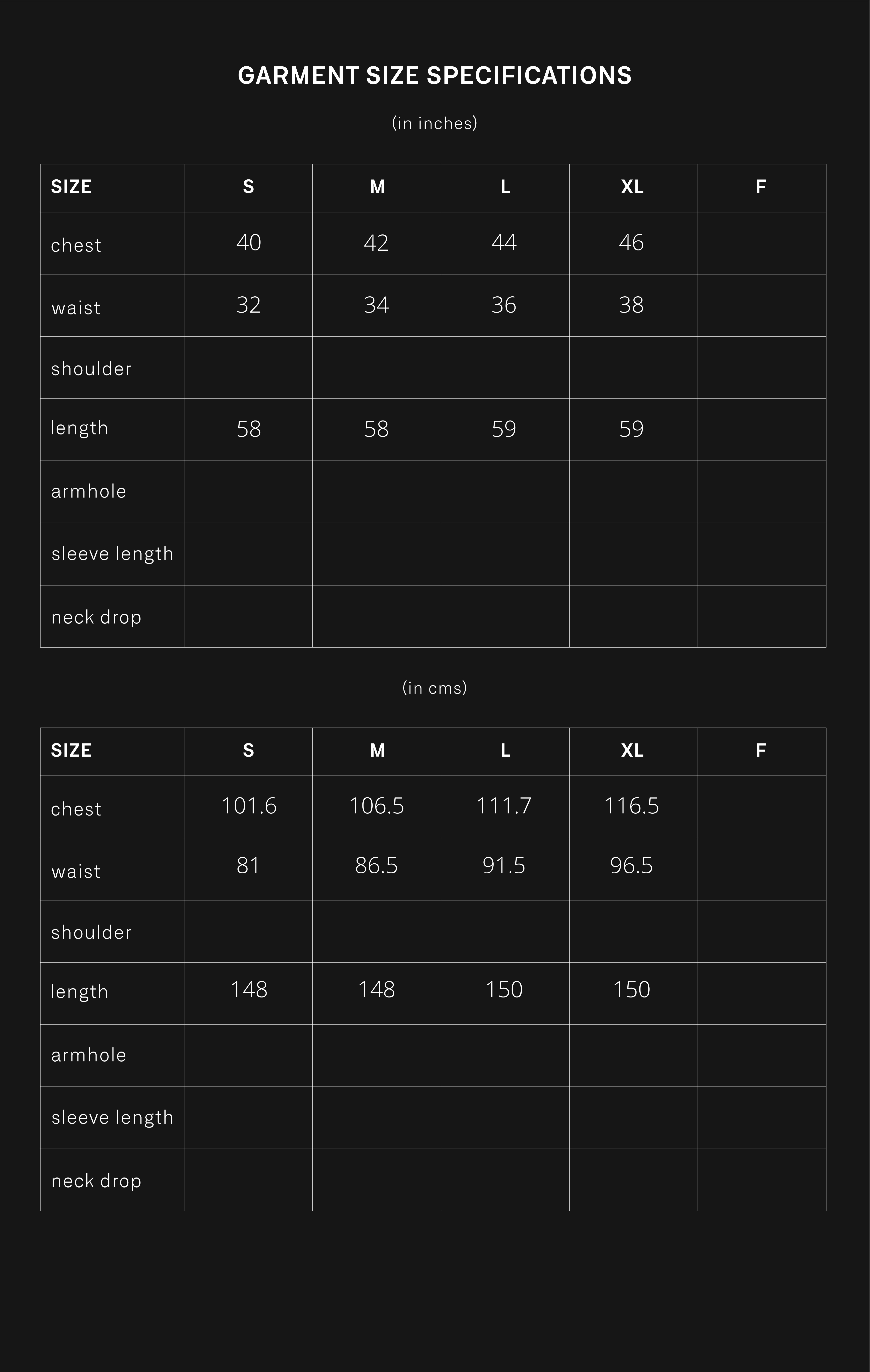 product size chart