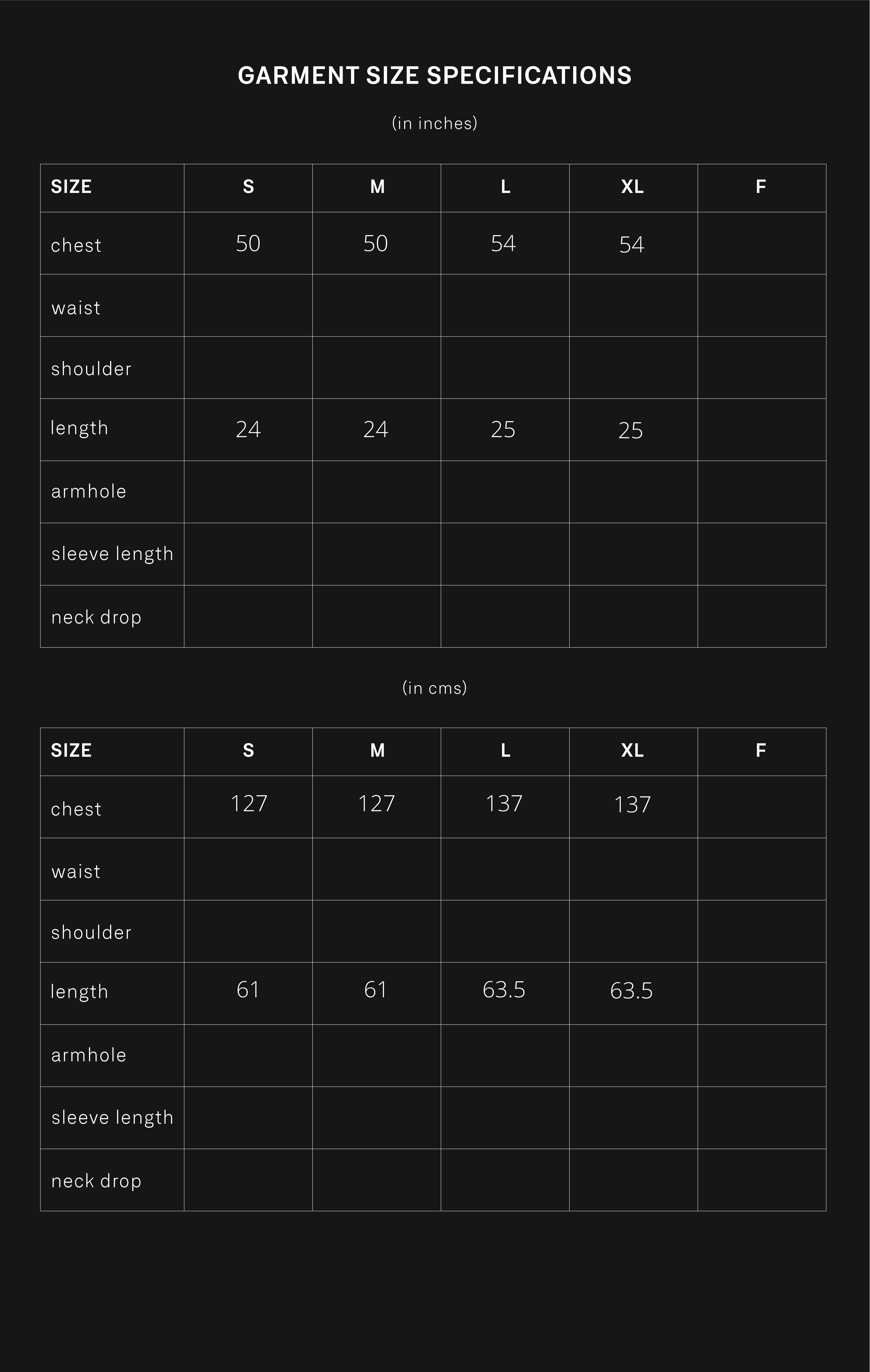 product size chart