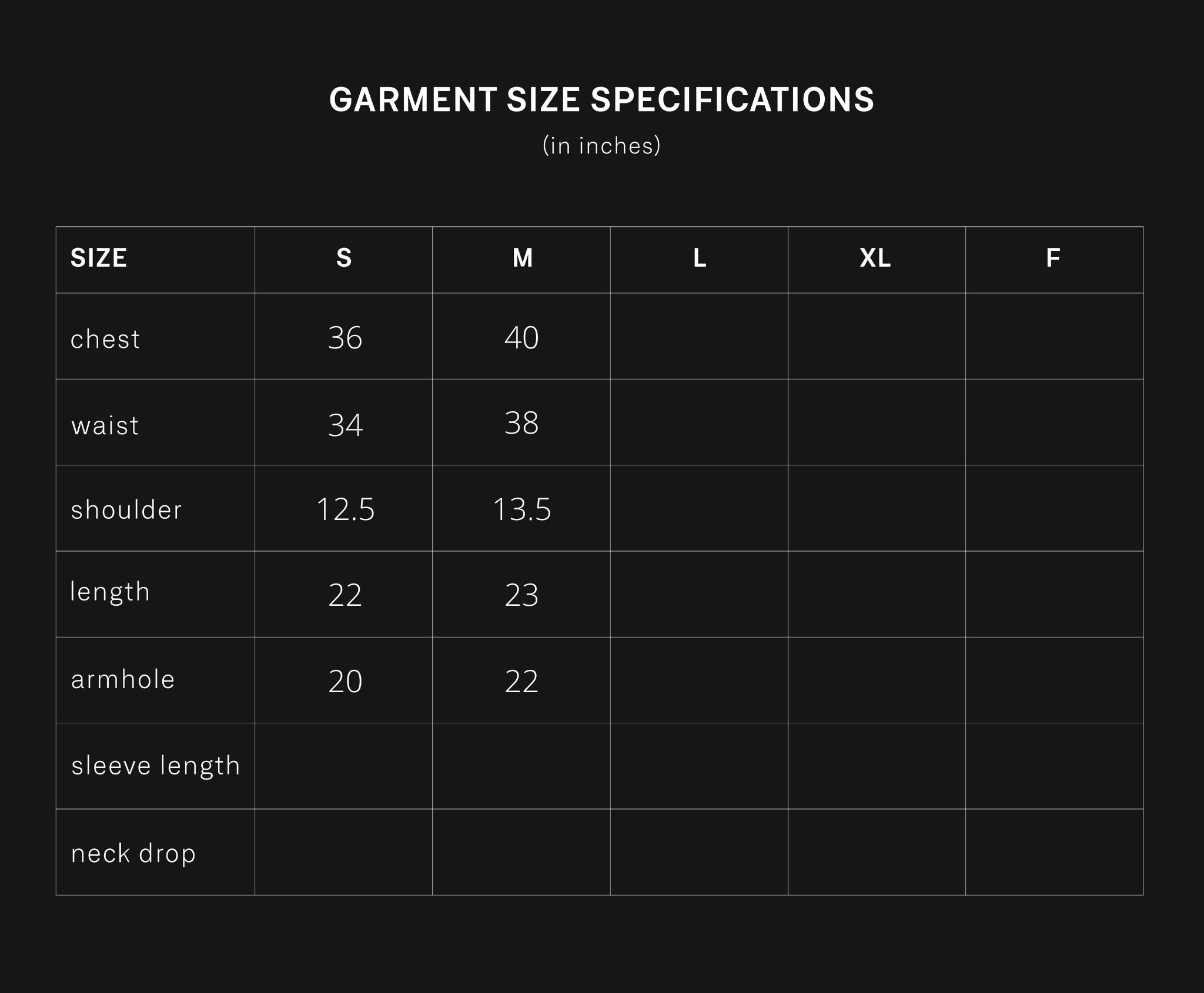 product size chart