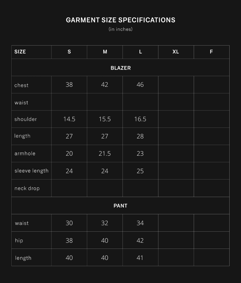 product size chart