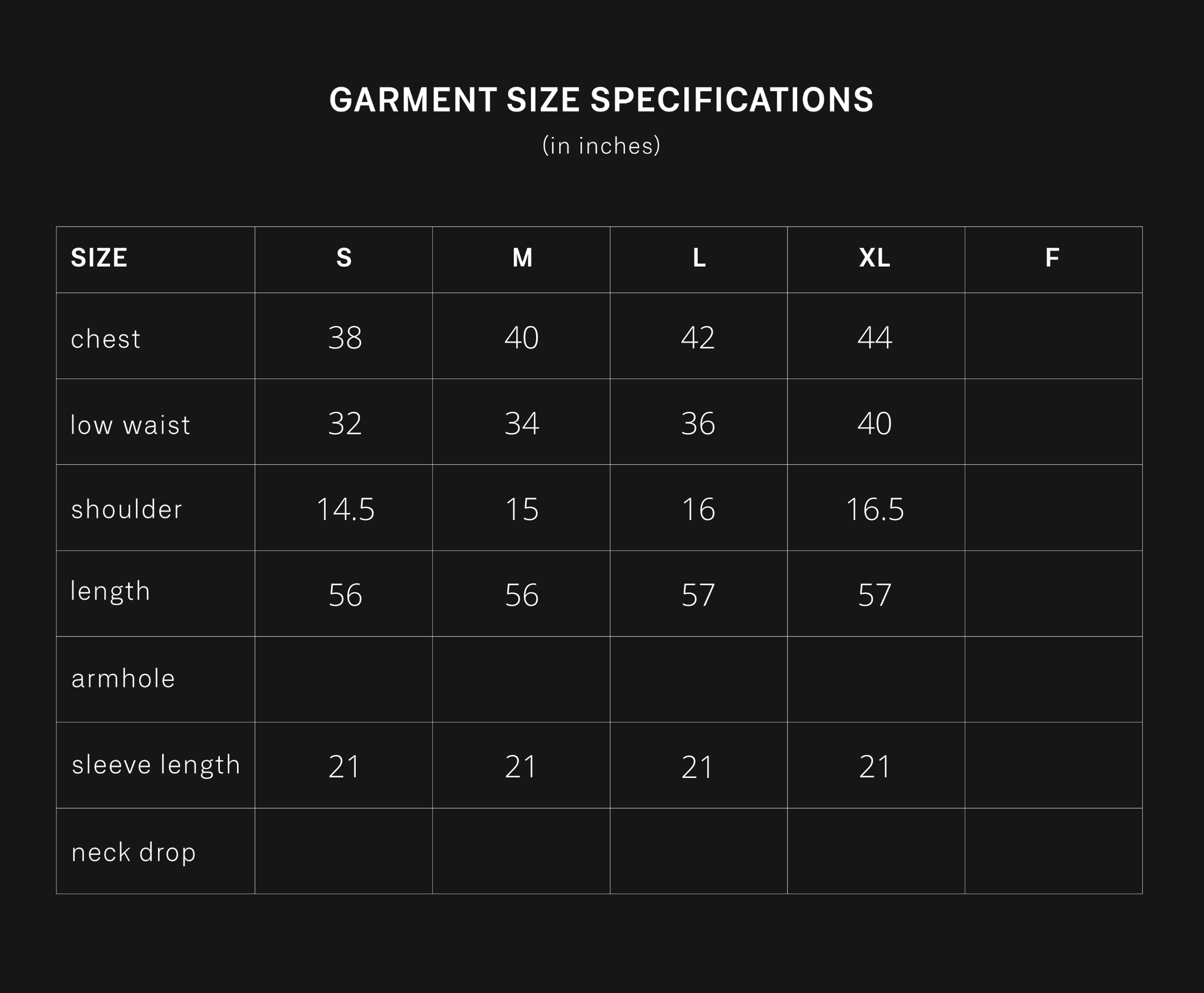 product size chart