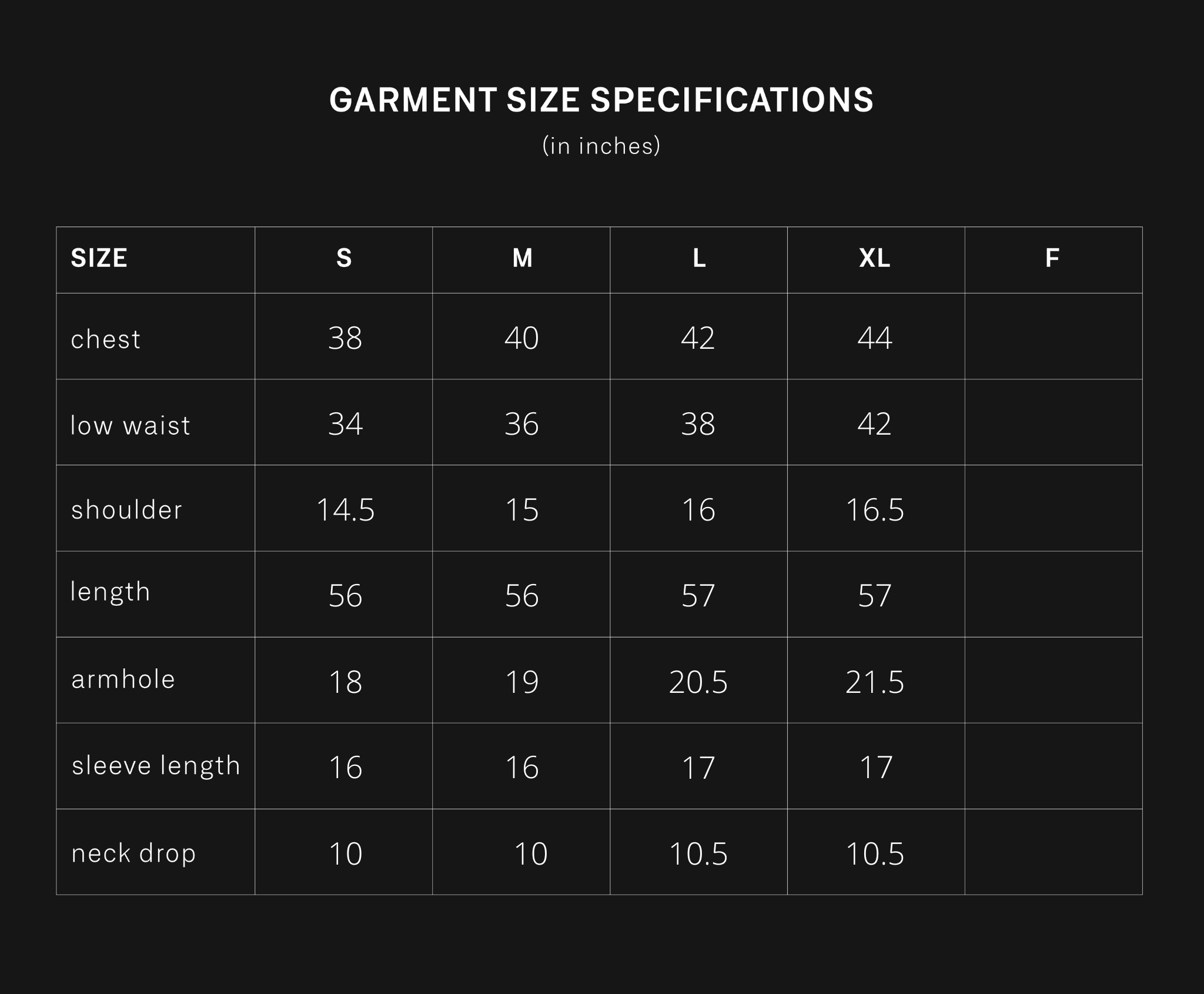 product size chart