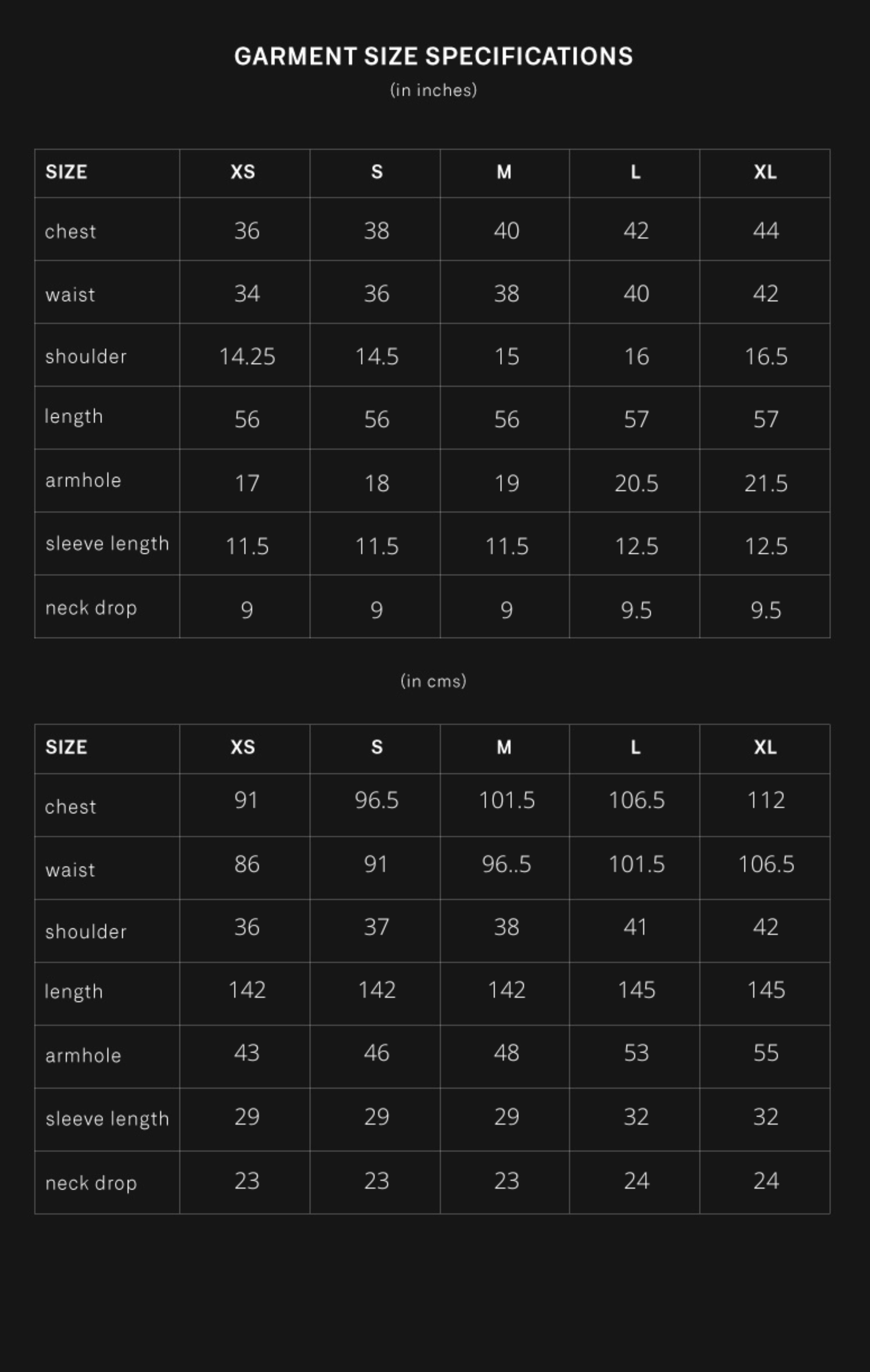 product size chart