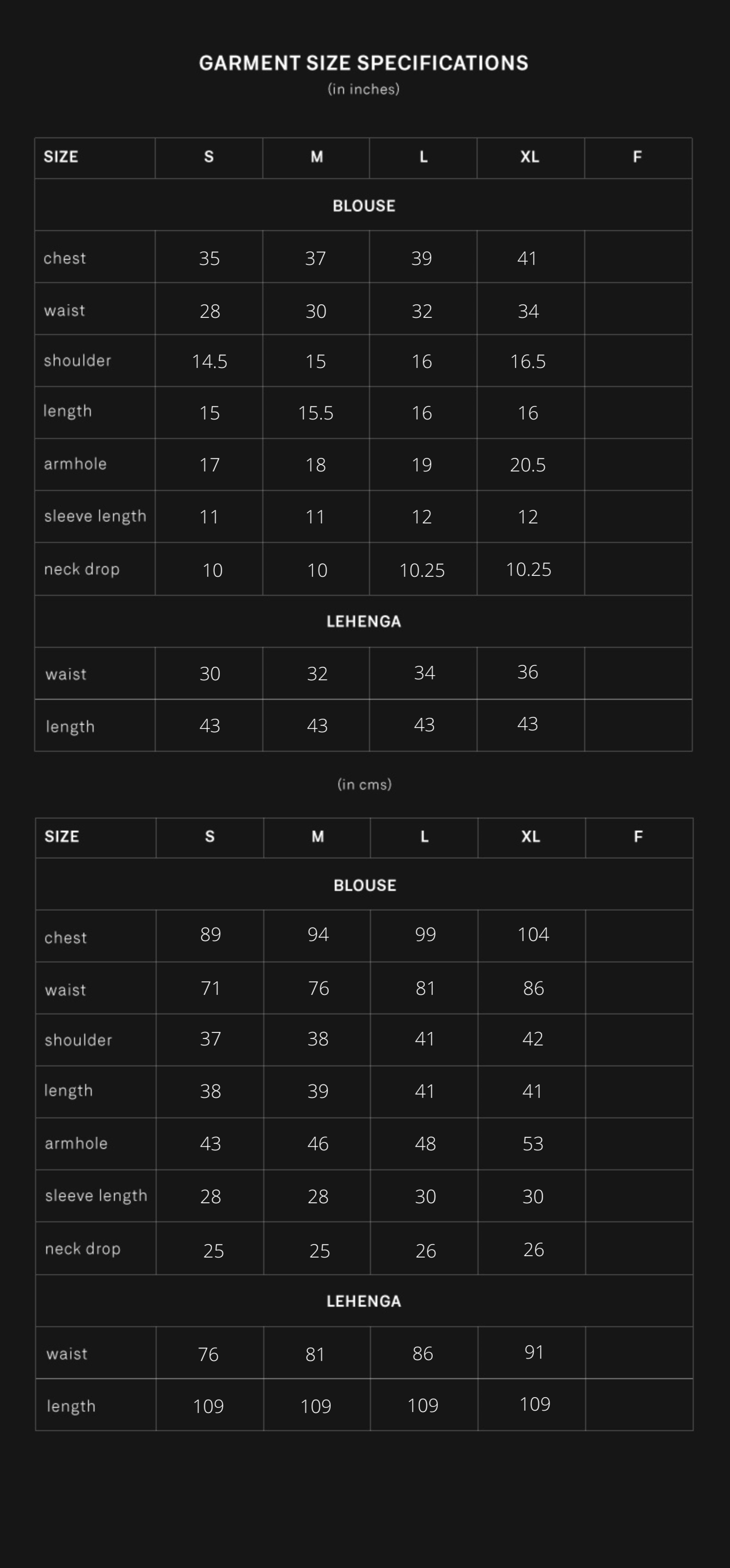 product size chart