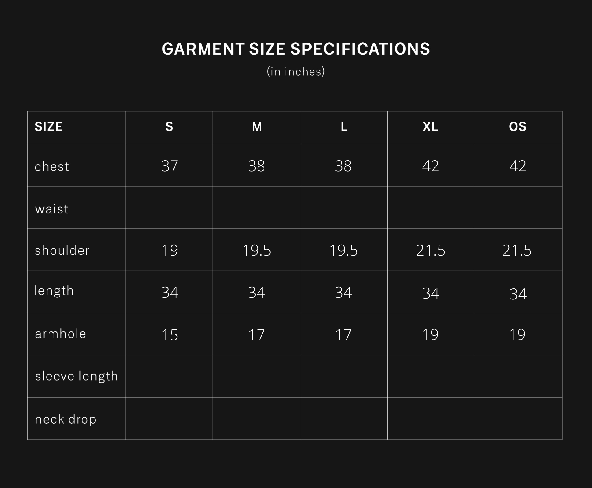 product size chart