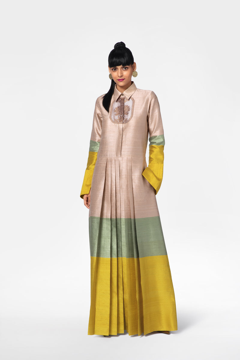 Handwoven Silk Shirt Dress With Brocade Detail