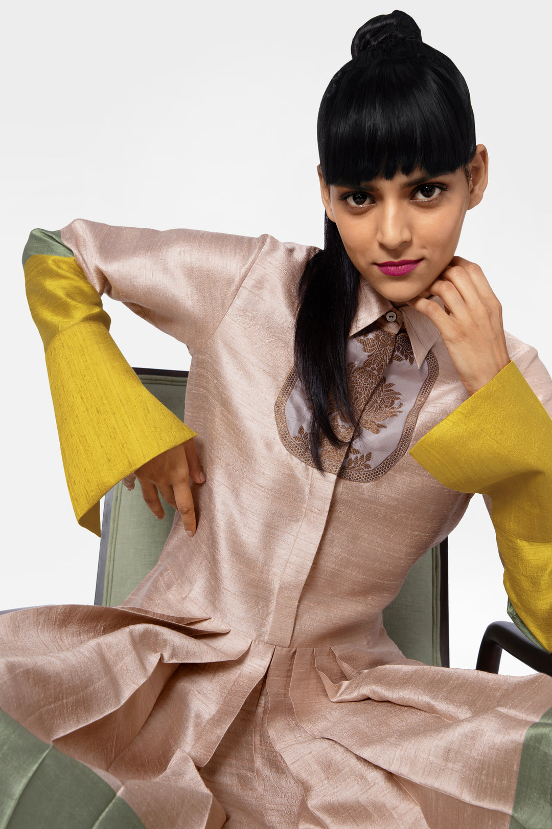 Handwoven Silk Shirt Dress With Brocade Detail