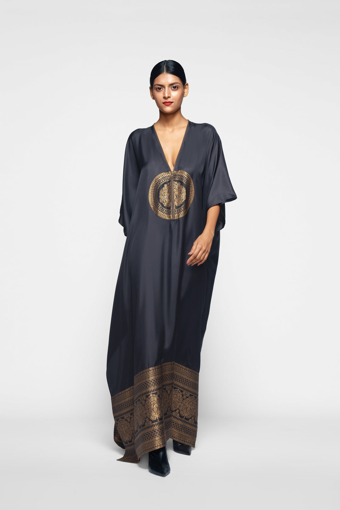 Silk Kaftan With Brocade Detail