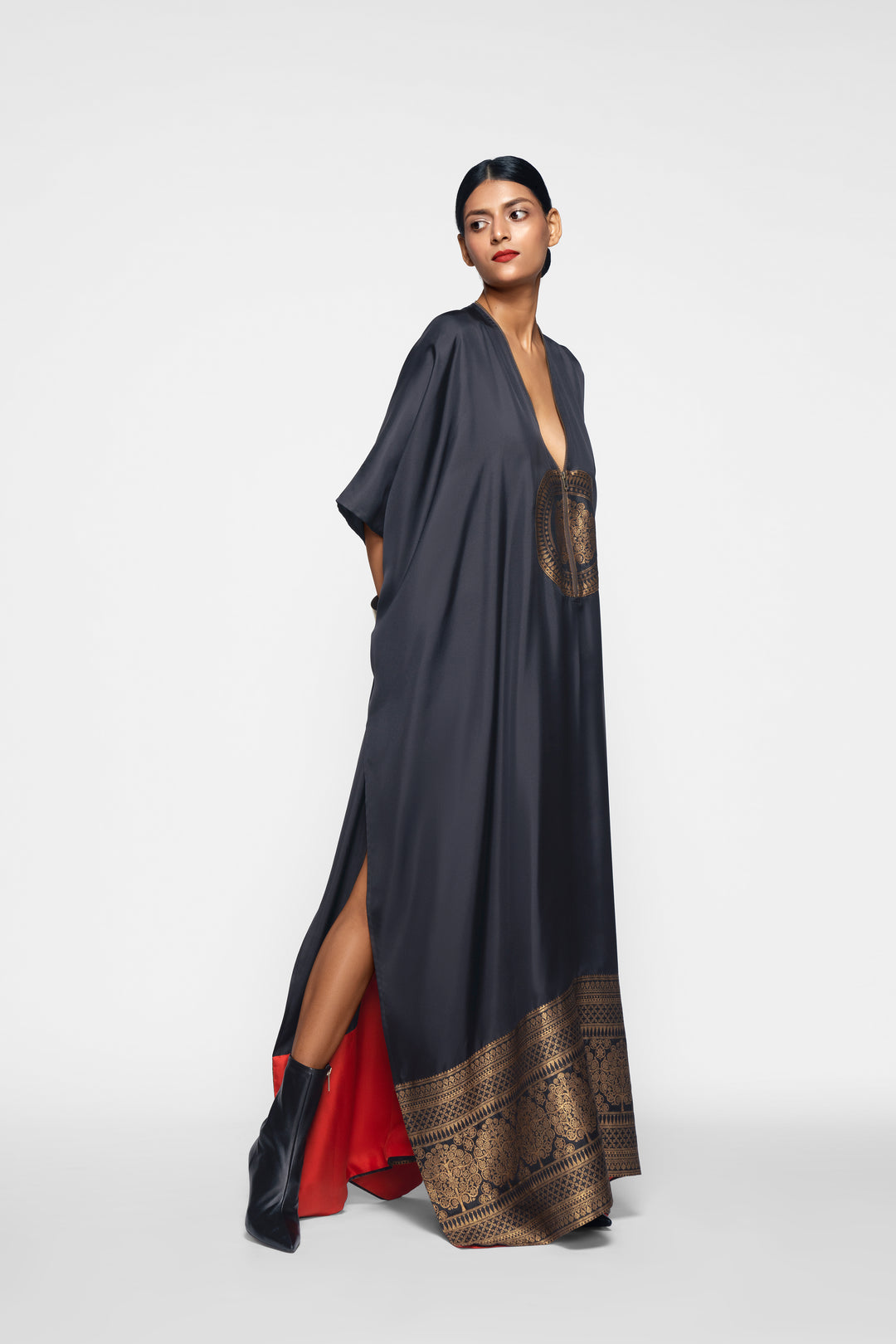 Silk Kaftan With Brocade Detail
