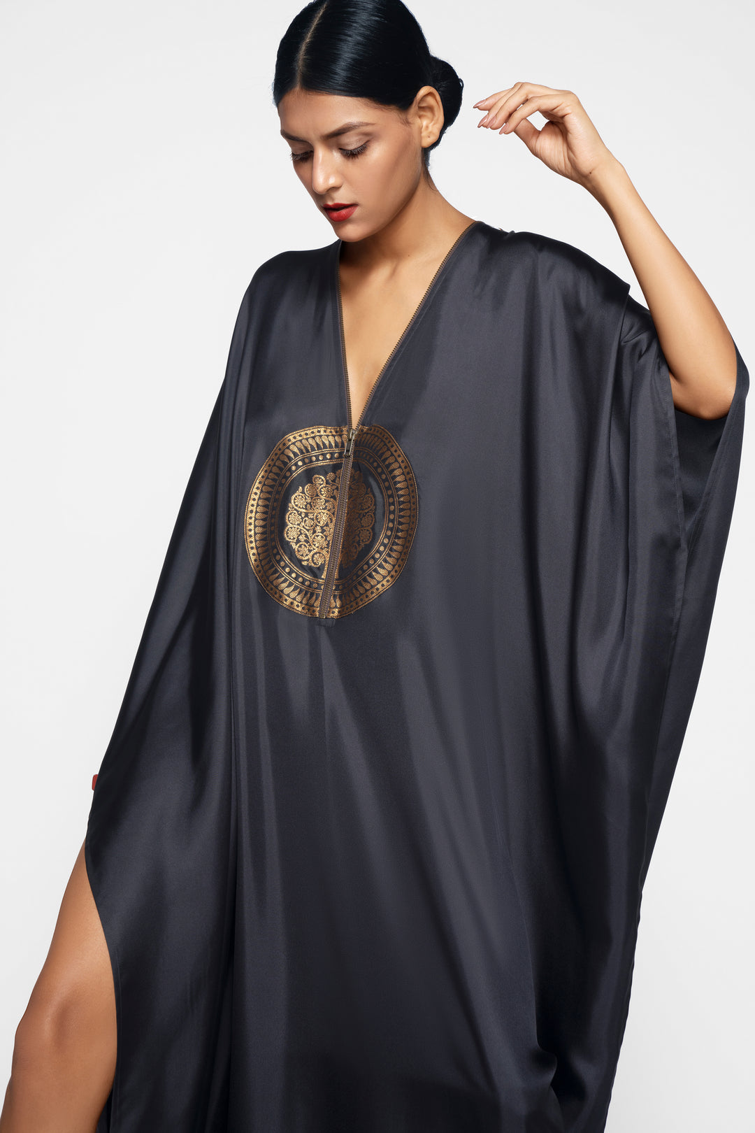 Silk Kaftan With Brocade Detail