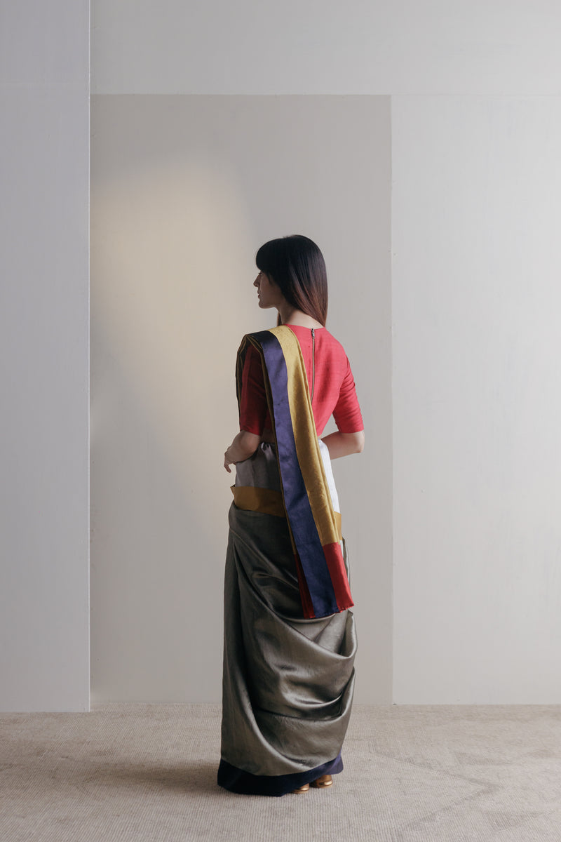 Handwoven Silk Sari - Ivory + Grey