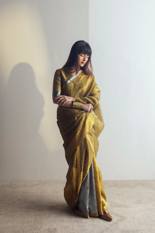 Handwoven Silk Sari - Grey + Champagne