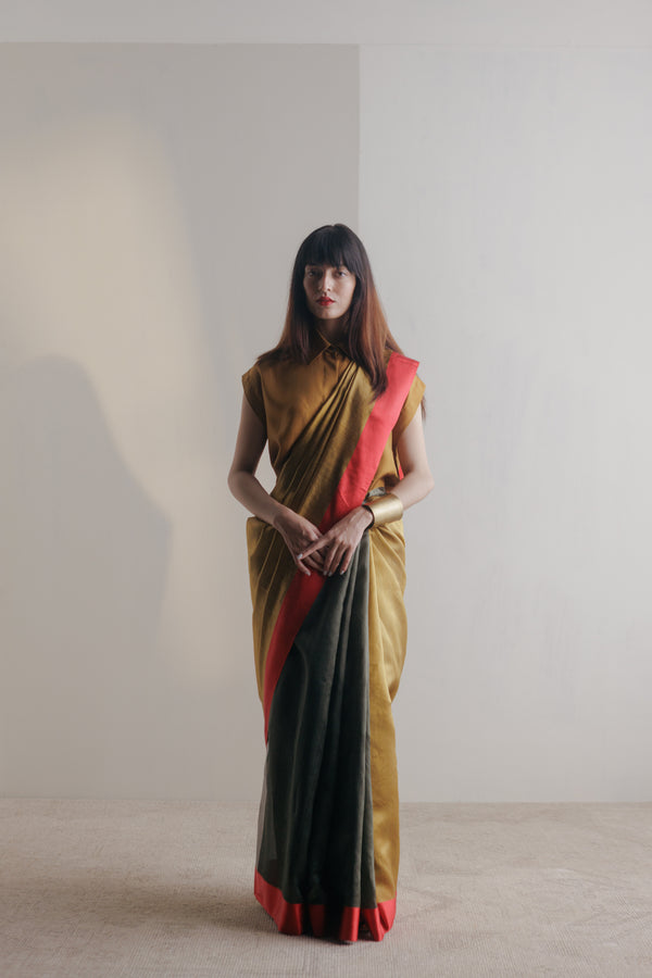Handwoven Silk Sari - Olive + Champagne